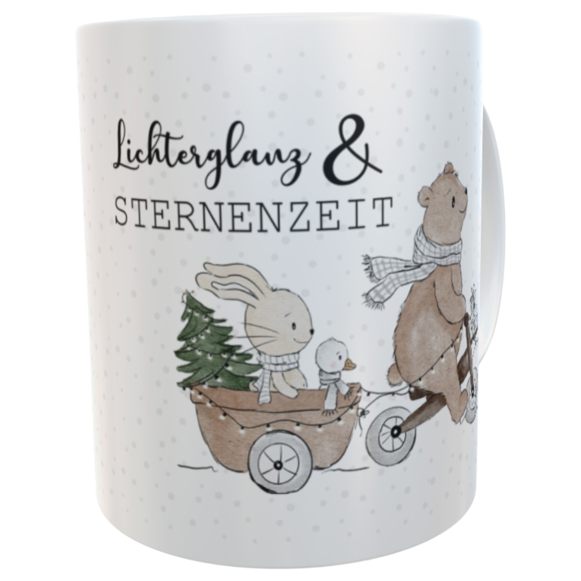 Personalisierte Kindertasse mit Namen – Wintermotiv Hase & Bär, Lichterglanz & Sternenzeit Weihnachts-Tasse