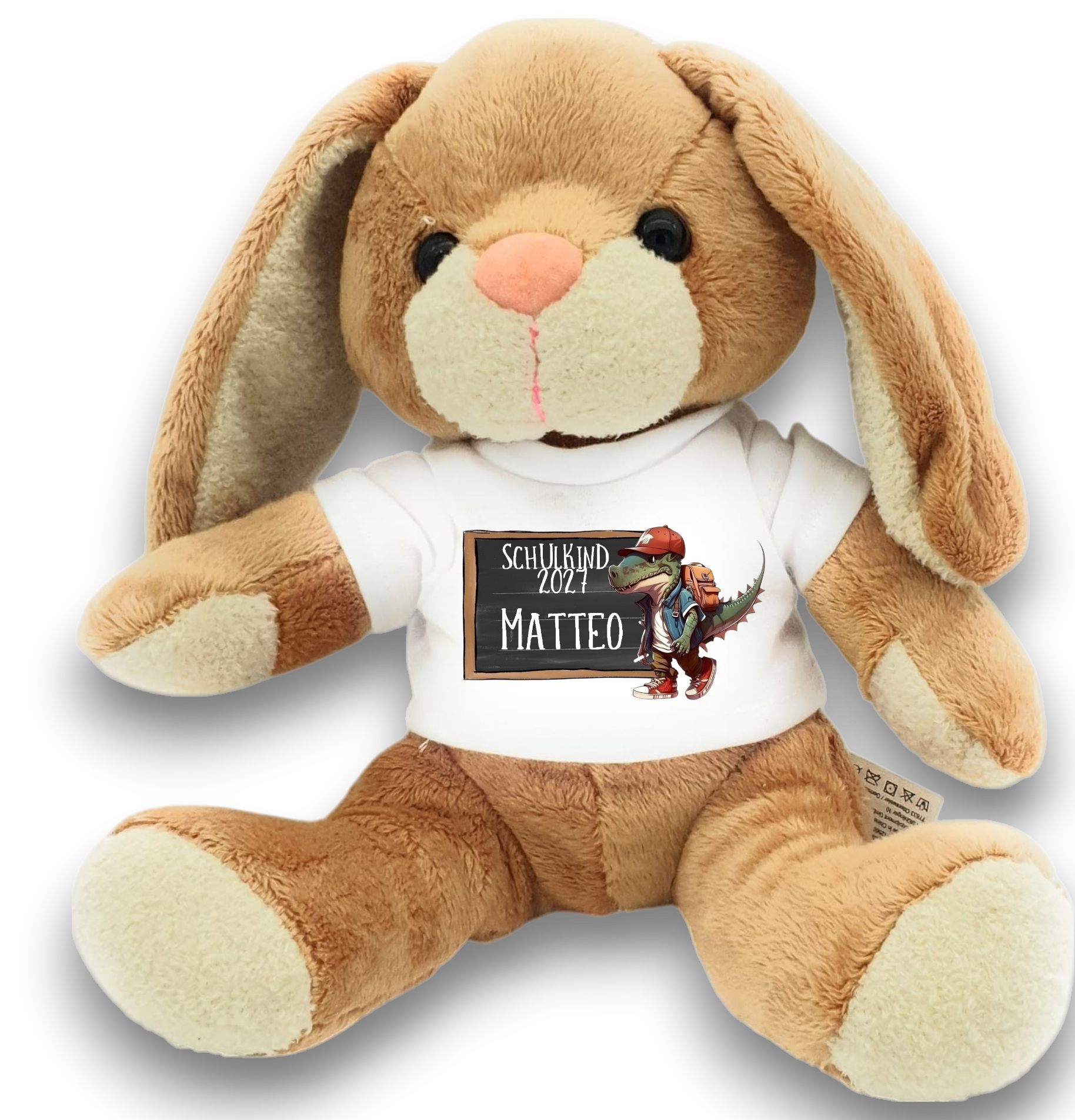 Zuckertüten-Topping Hase Dino – Personalisiertes Kuscheltier, Glücksbringer und Ideales Geschenk zur Einschulung