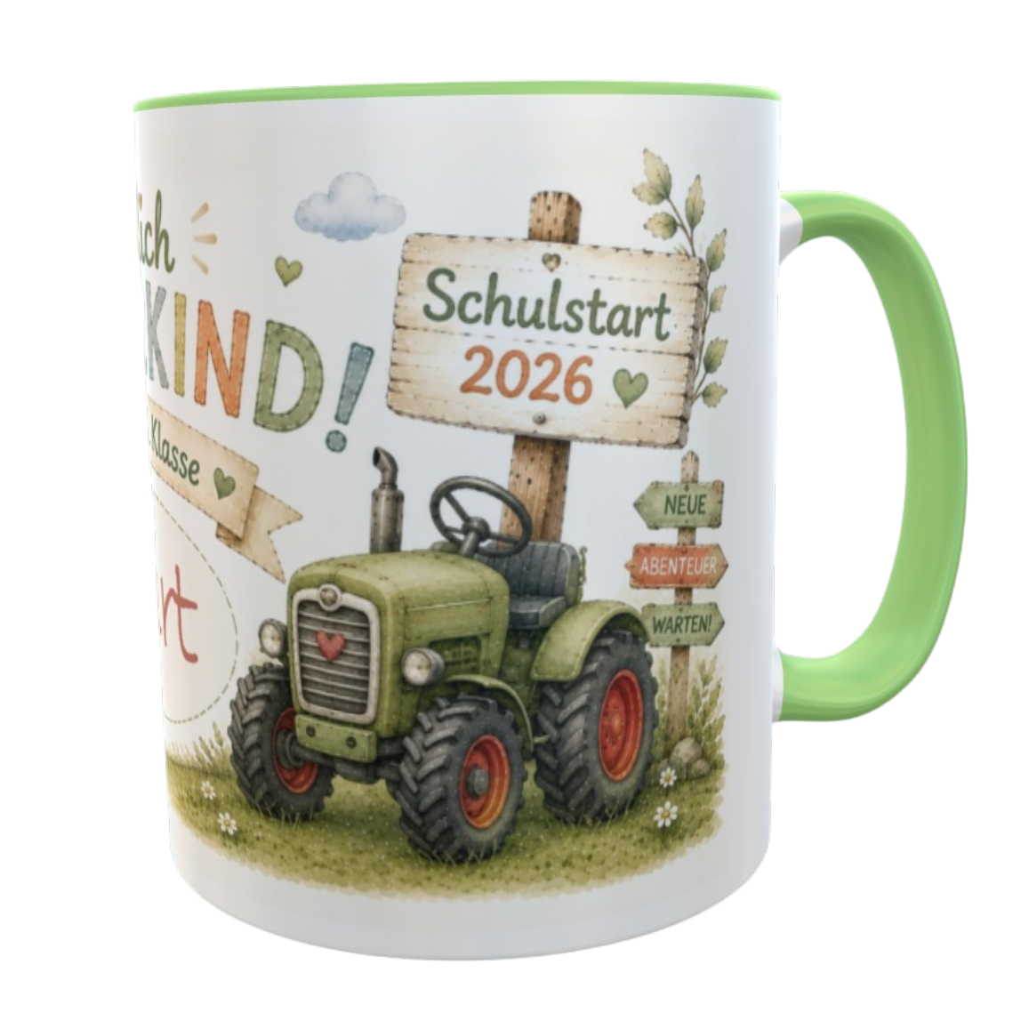 Personalisierte Schulkindtasse Traktor Herz – Schulkind 2026 mit Wunschname für kleine Bauernhof-Fans