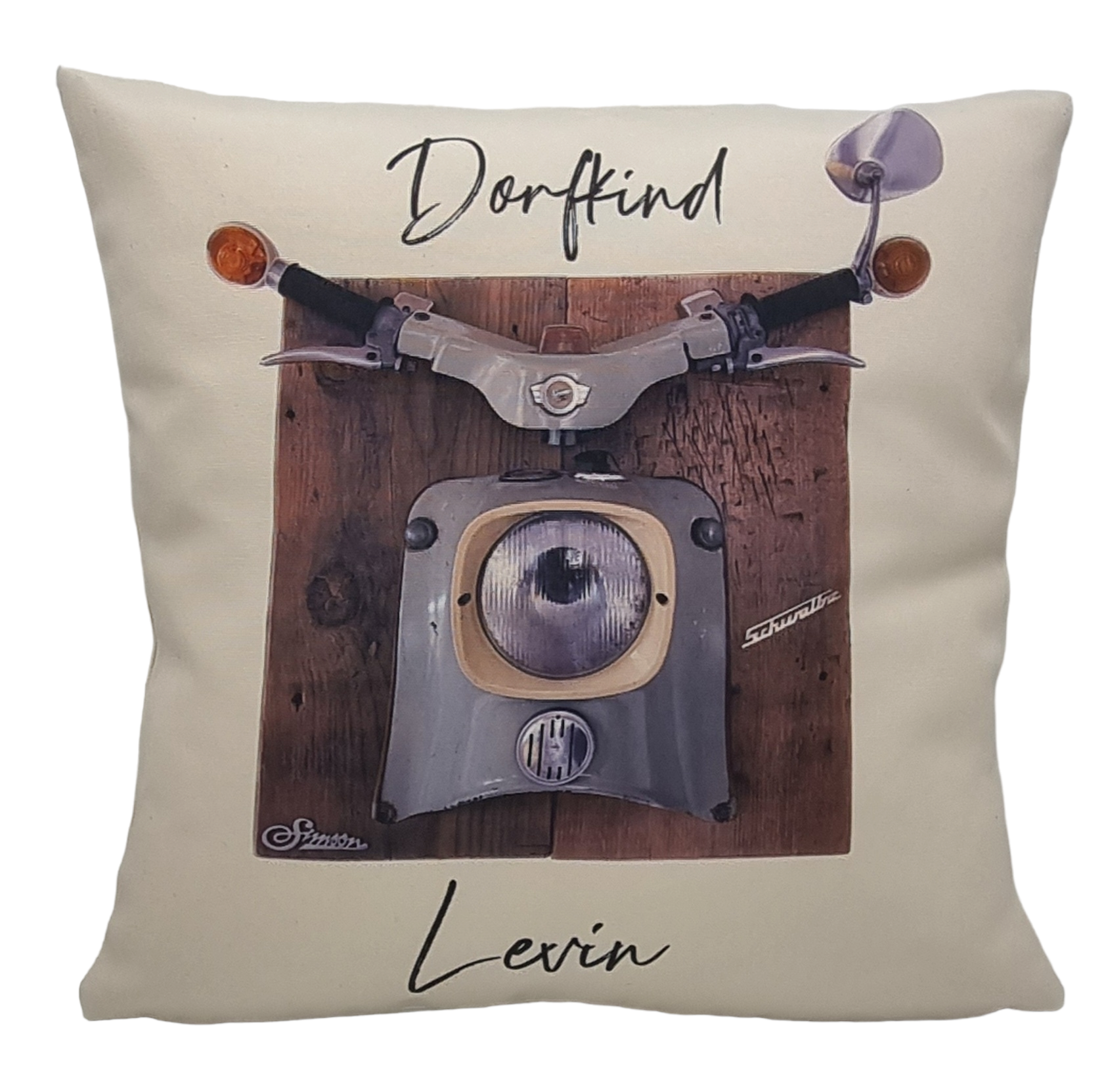 personalisiertes Dorfkind-Kissen Simson Schwalbe mit Namen - Leinenoptik 40x40cm