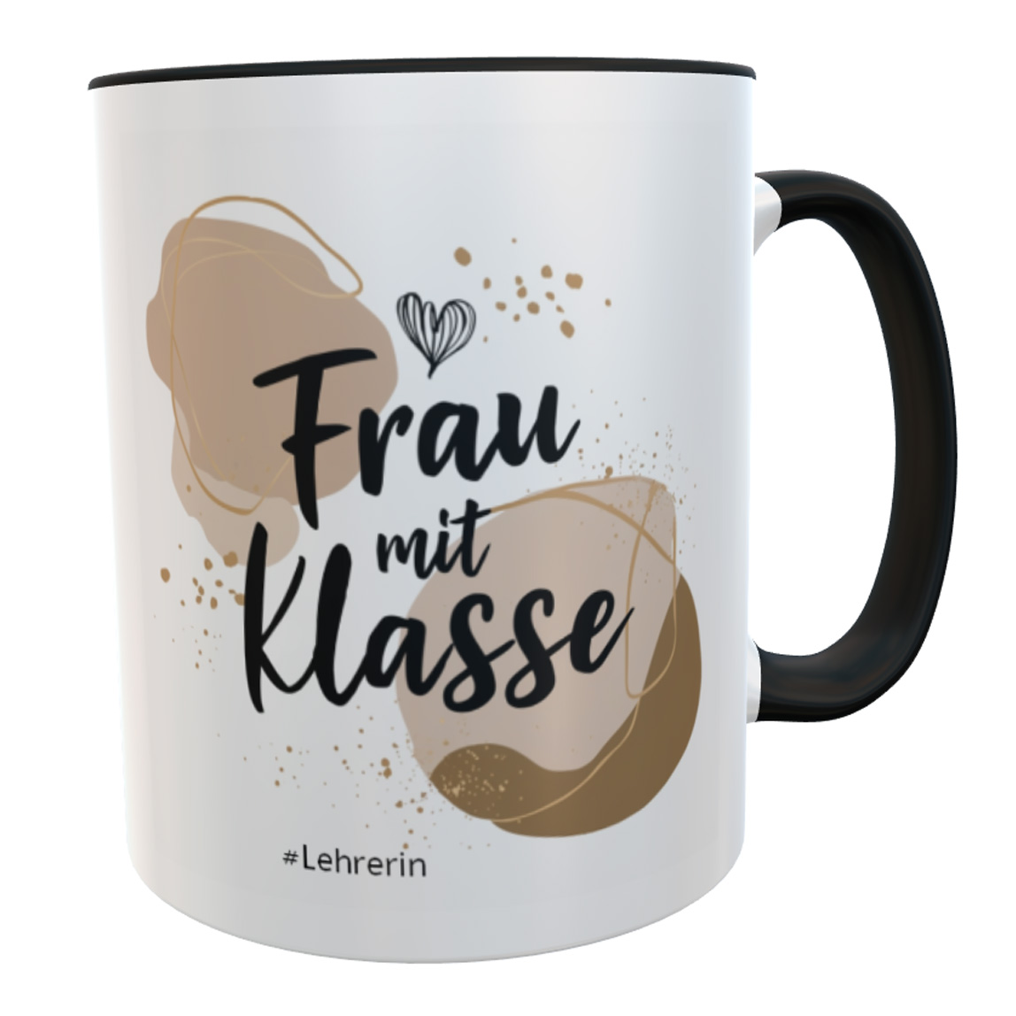 Lehrerin-Kaffeetasse "Frau mit Klasse" – Henkel und Innenfarbe Schwarz, Spülmaschinenfest
