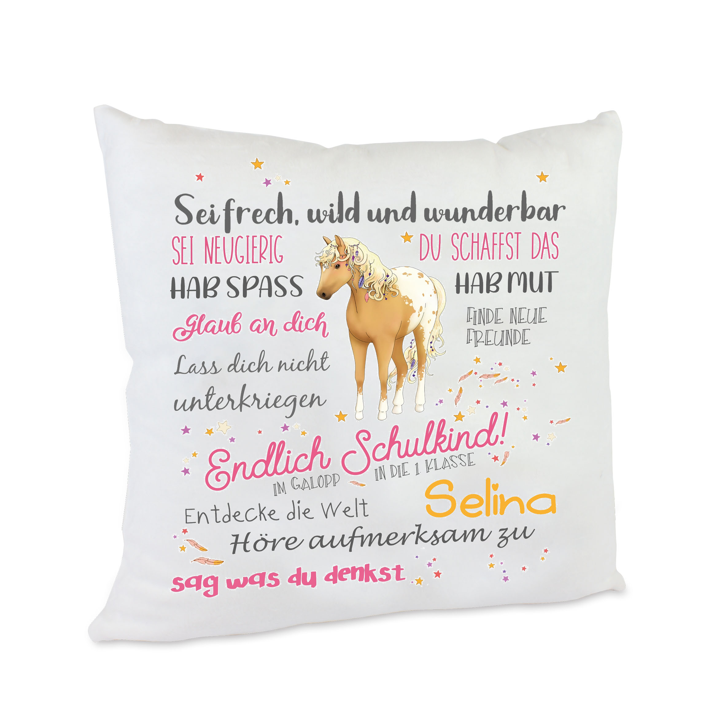 personalisiertes Kissen Pferd beige zur Einschulung Mädchen