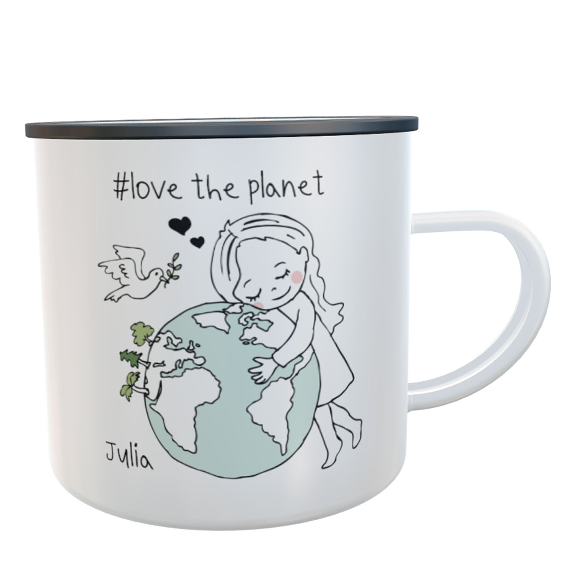 Emaille-Tasse love the planet Friedenstaube mit Namen