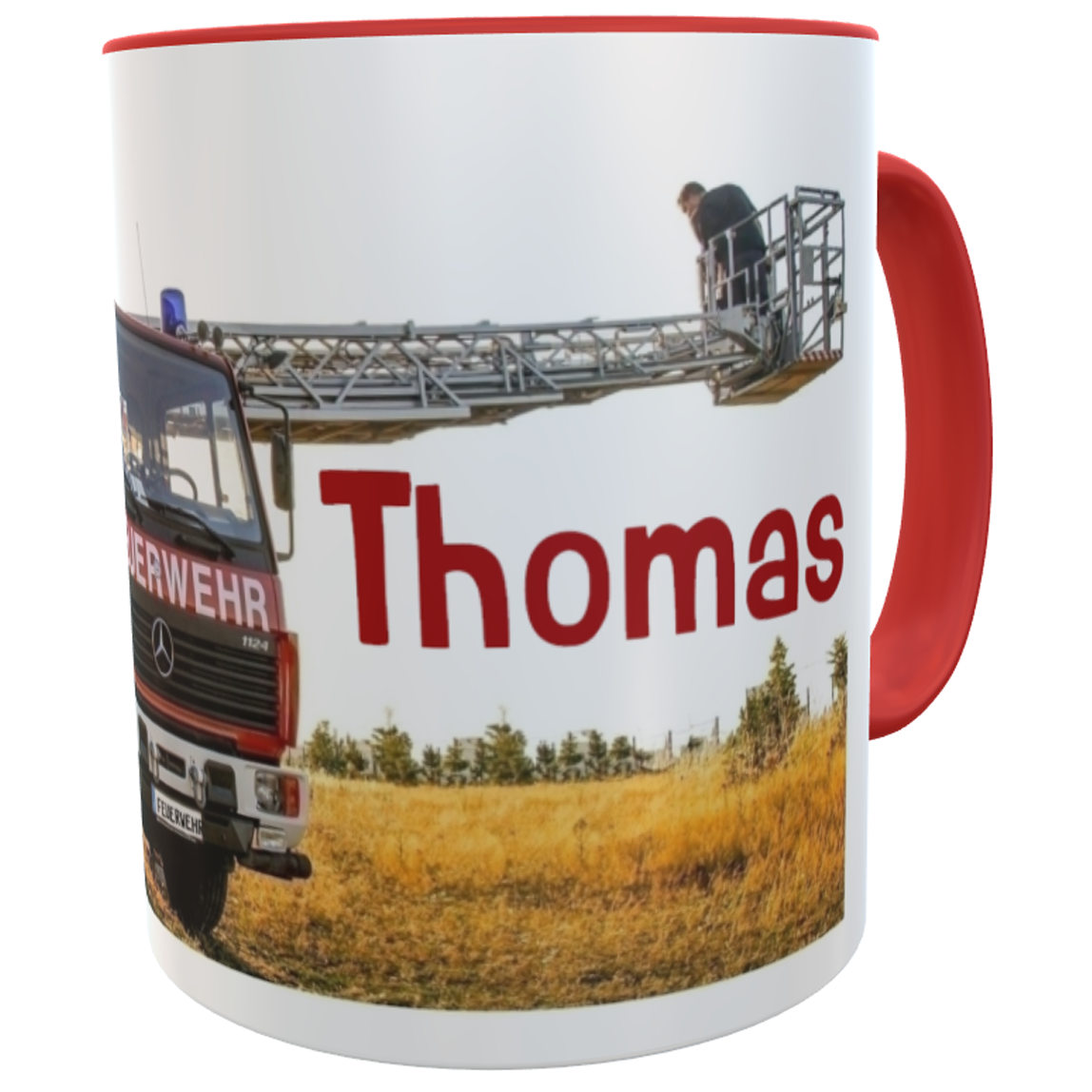 Kaffeetasse Feuerwehrauto mit Namen des Feuerwehrmanns