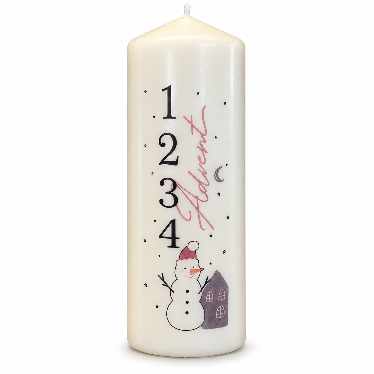 Adventskerze mit Schneemann und Winterhaus – cremefarbene Kerze für 1 bis 4 Advent