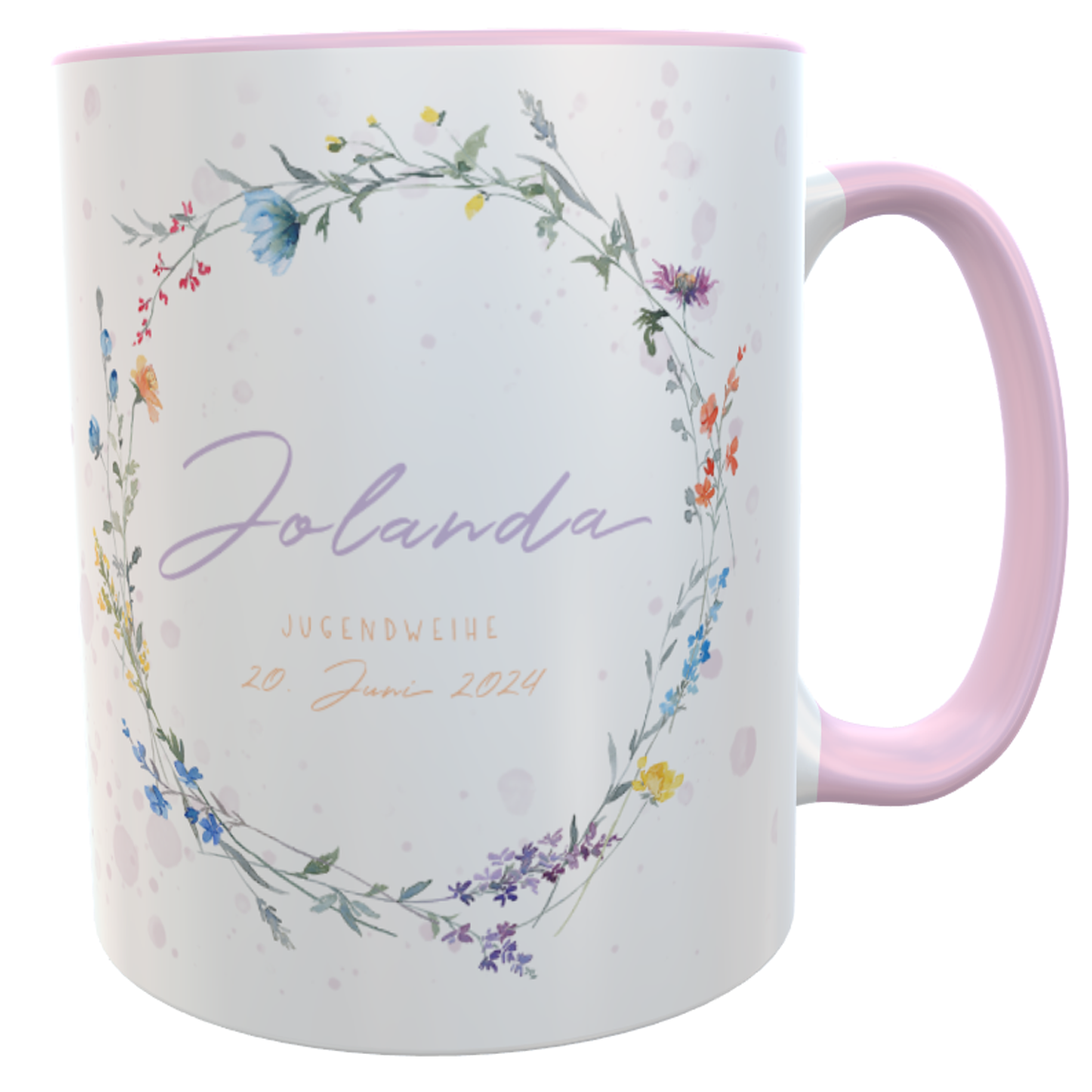 Personalisierte Rosa Jugendweihe-Tasse mit Wildblumenkranz