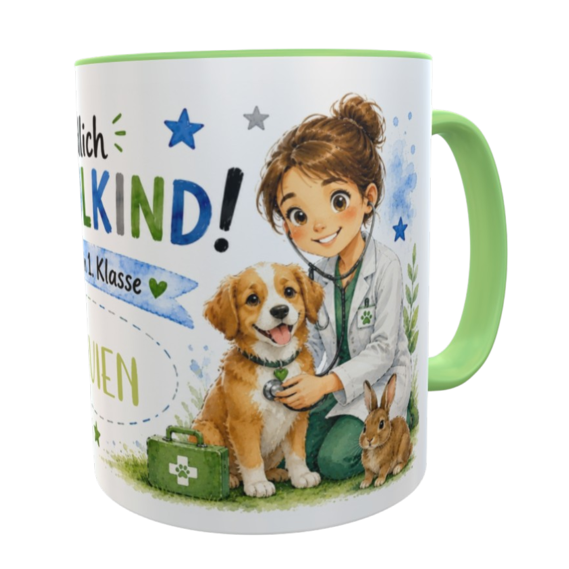 Einschulungstasse Tierärztin – Endlich Schulkind 2026 mit Wunschname | 330 ml Keramiktasse für Mädchen