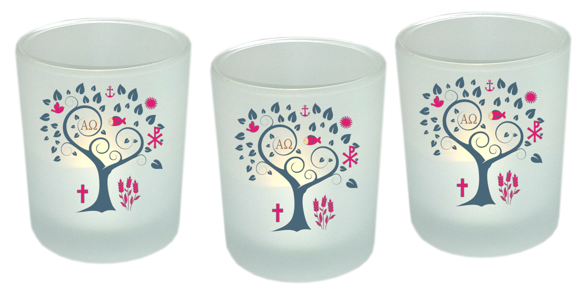 Windlicht 3er-Set Lebensbaum rosa Taufe, Kommunion, Konfirmation Mädchen