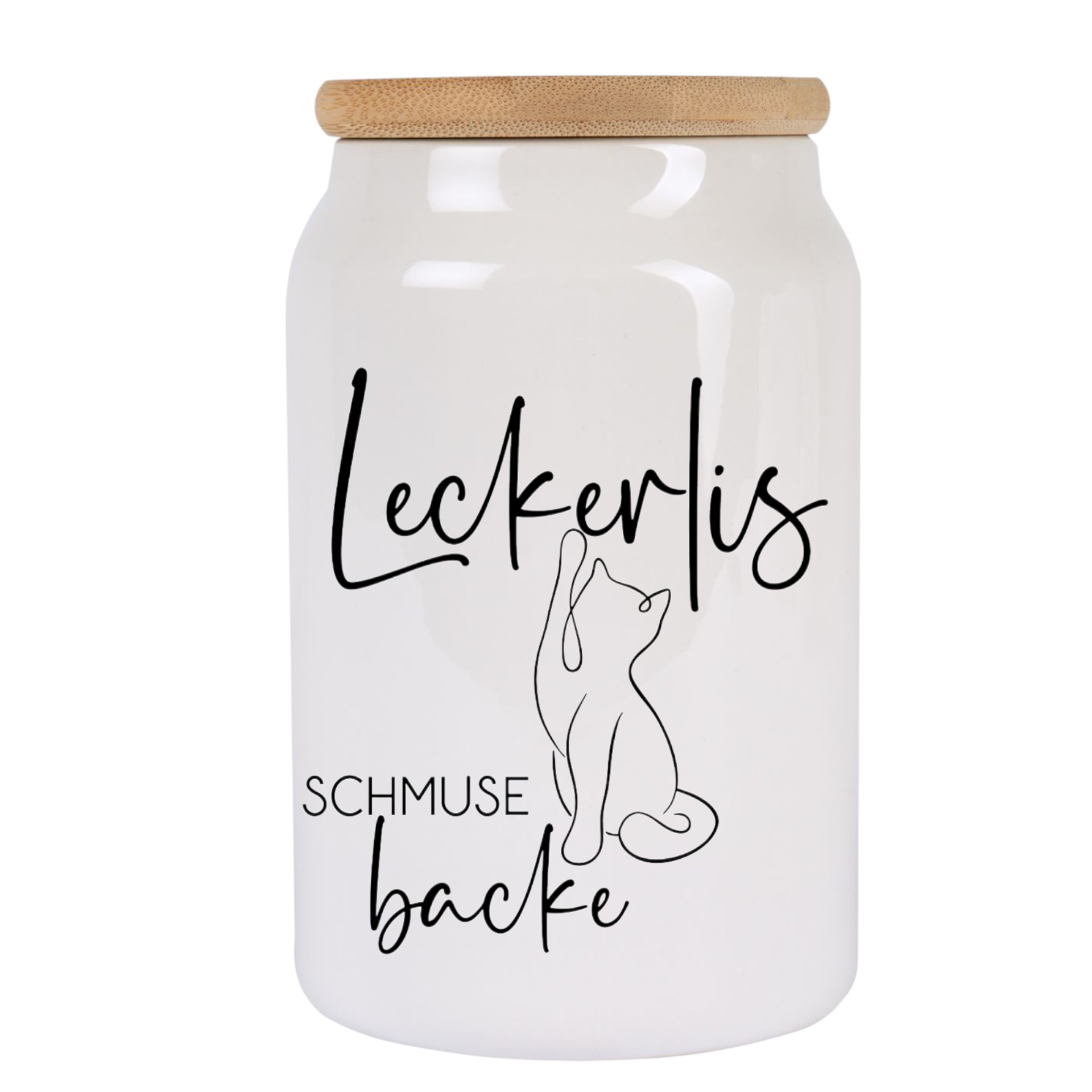 Leckerlidose Katze 650 ml – luftdichte Keramikdose mit Holzdeckel & Silikon – „Schmusebacke“ Design – Aufbewahrungsdose für Katzenlecke