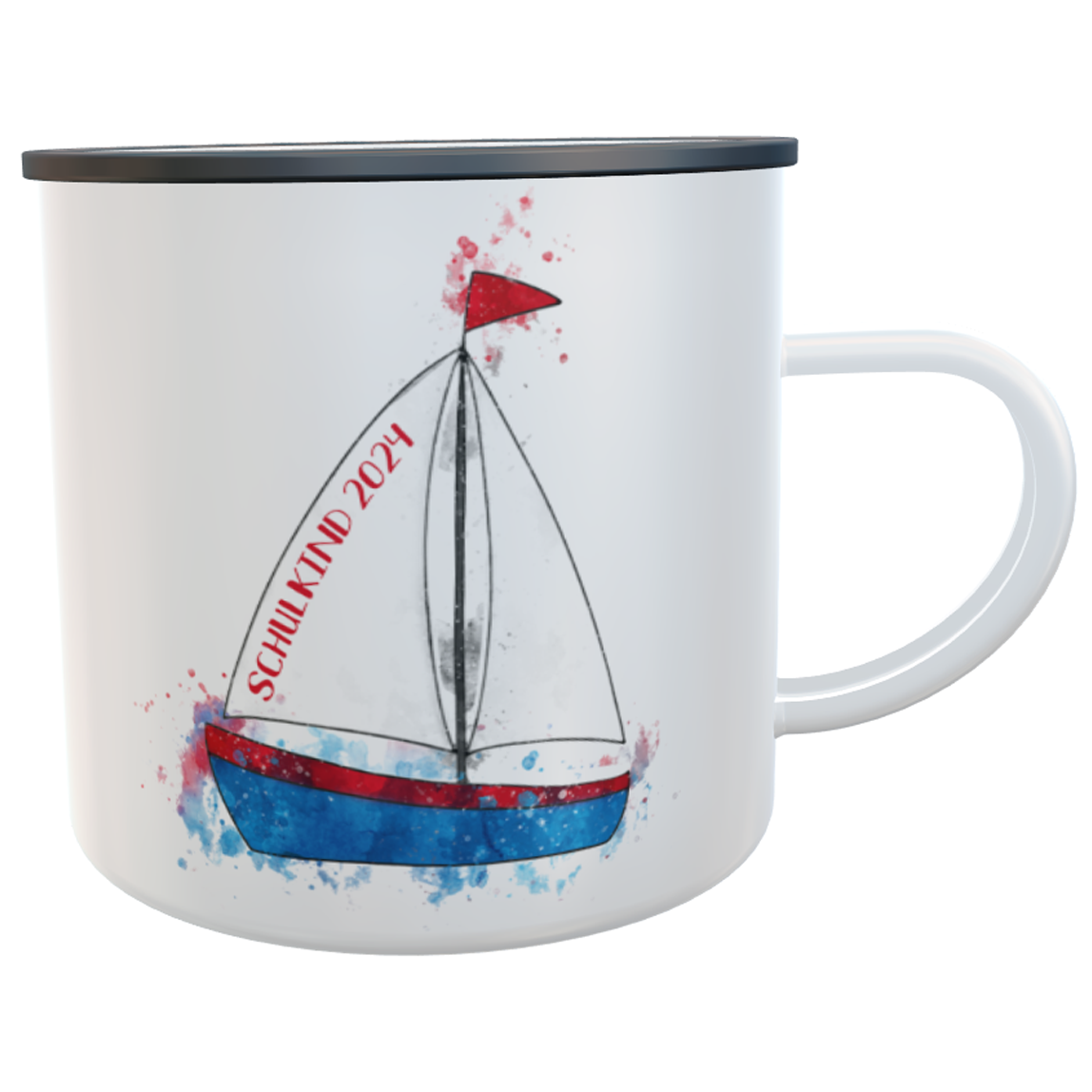 Emaille Tasse Segelboot mit Namen Schulkind zur Einschulung