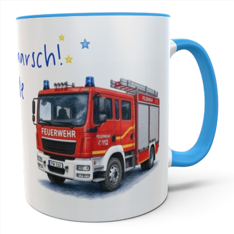 Personalisierte Feuerwehr-Tasse „Wasser marsch!“ mit Name – blau