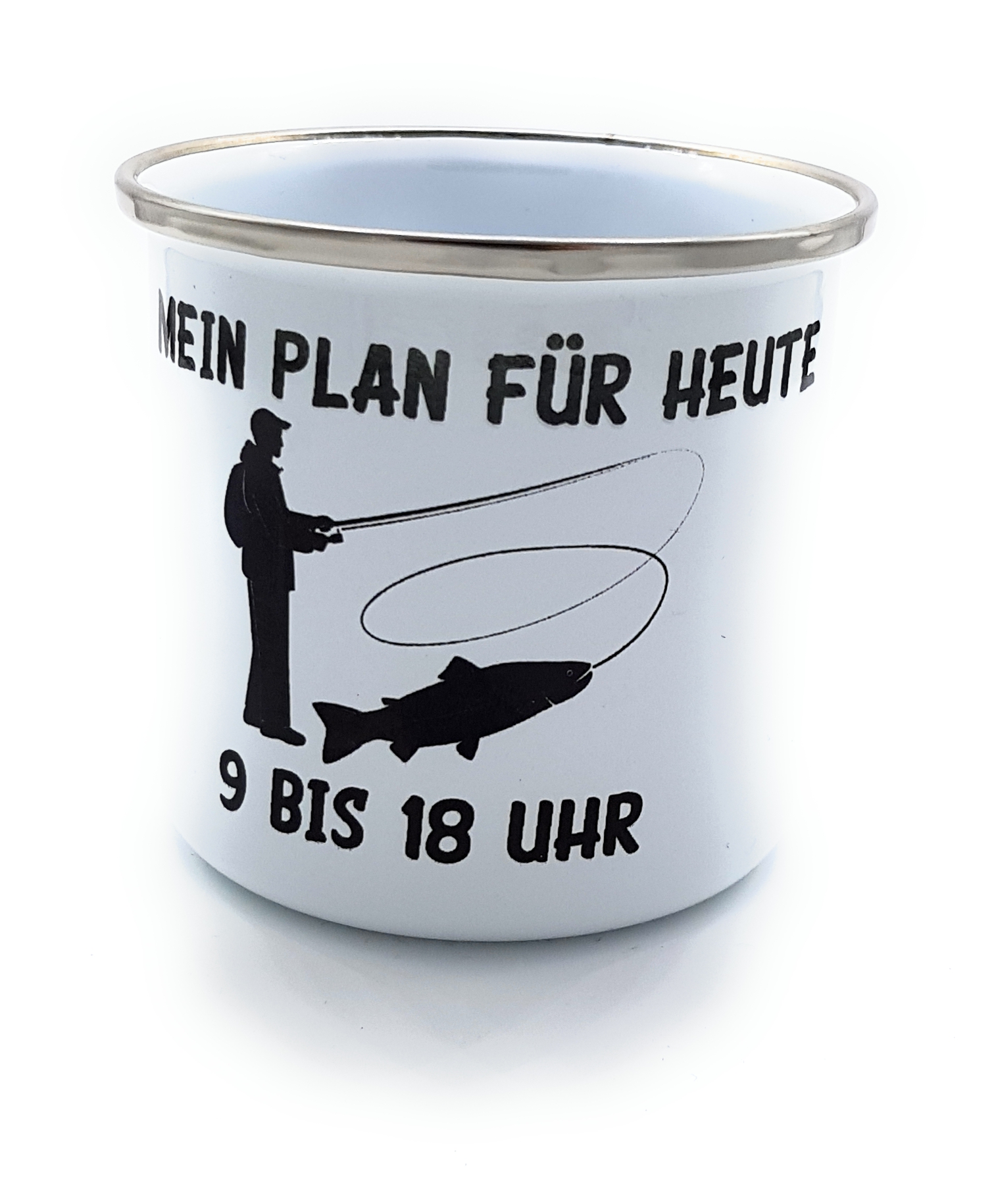 Emaille Kaffeetasse für Angler | Bürotasse Mein Plan für heute | Sprüchetasse