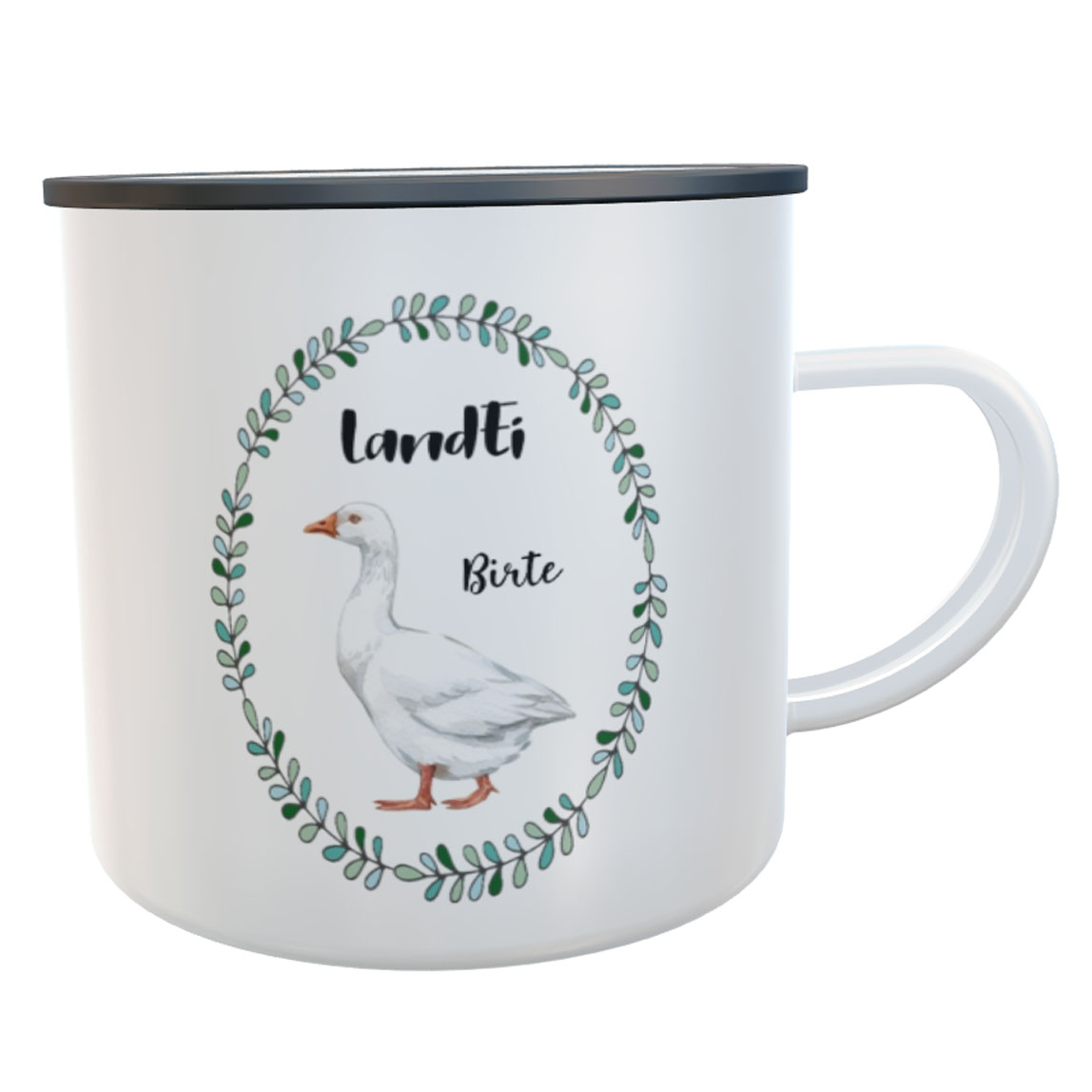 Emaille-Tasse LandEi Gänse mit Namen