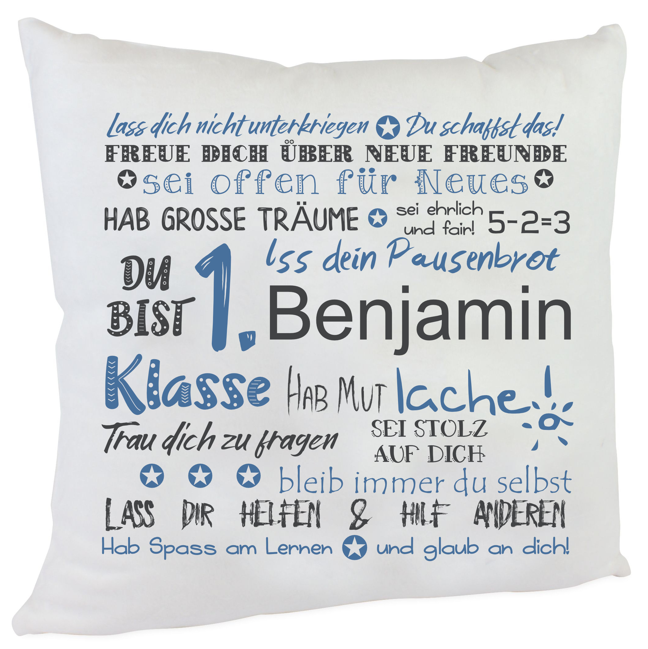 personalisiertes Kissen zur Einschulung Junge du bist 1. Klasse grau blau