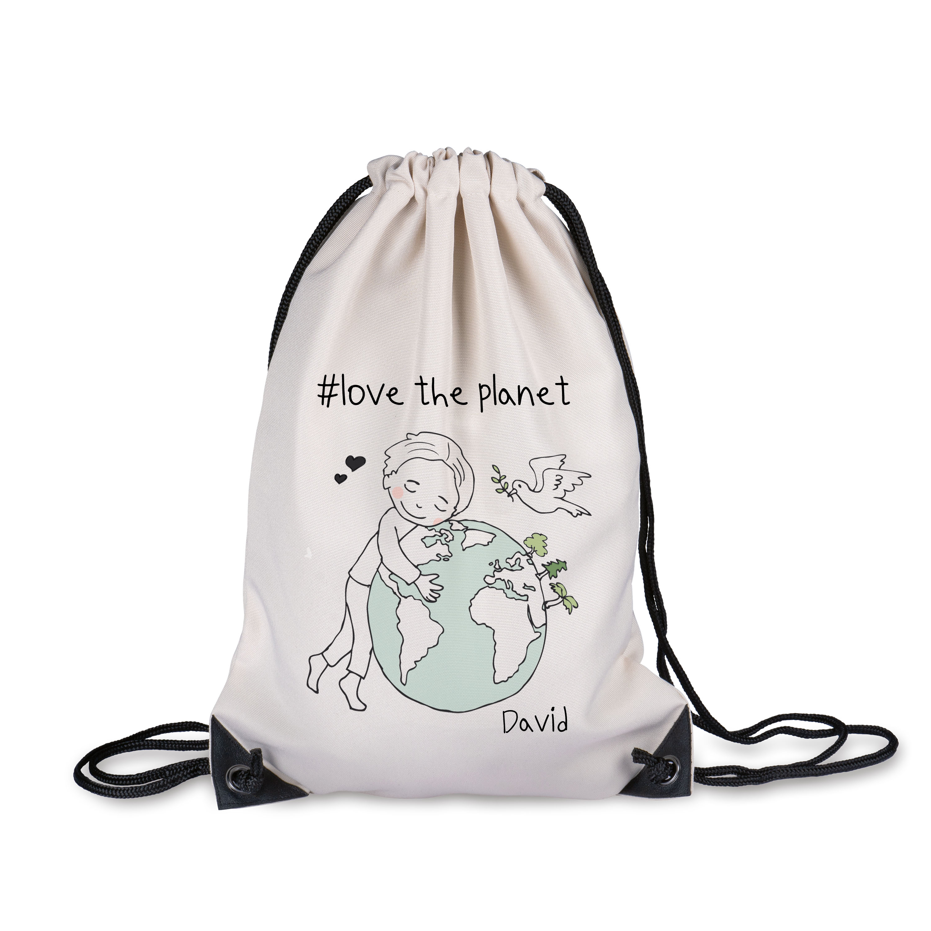 Sportbeutel love the planet Junge mit Namen Friedenstaube Rucksack Demobeutel Tasche Turnbeutel