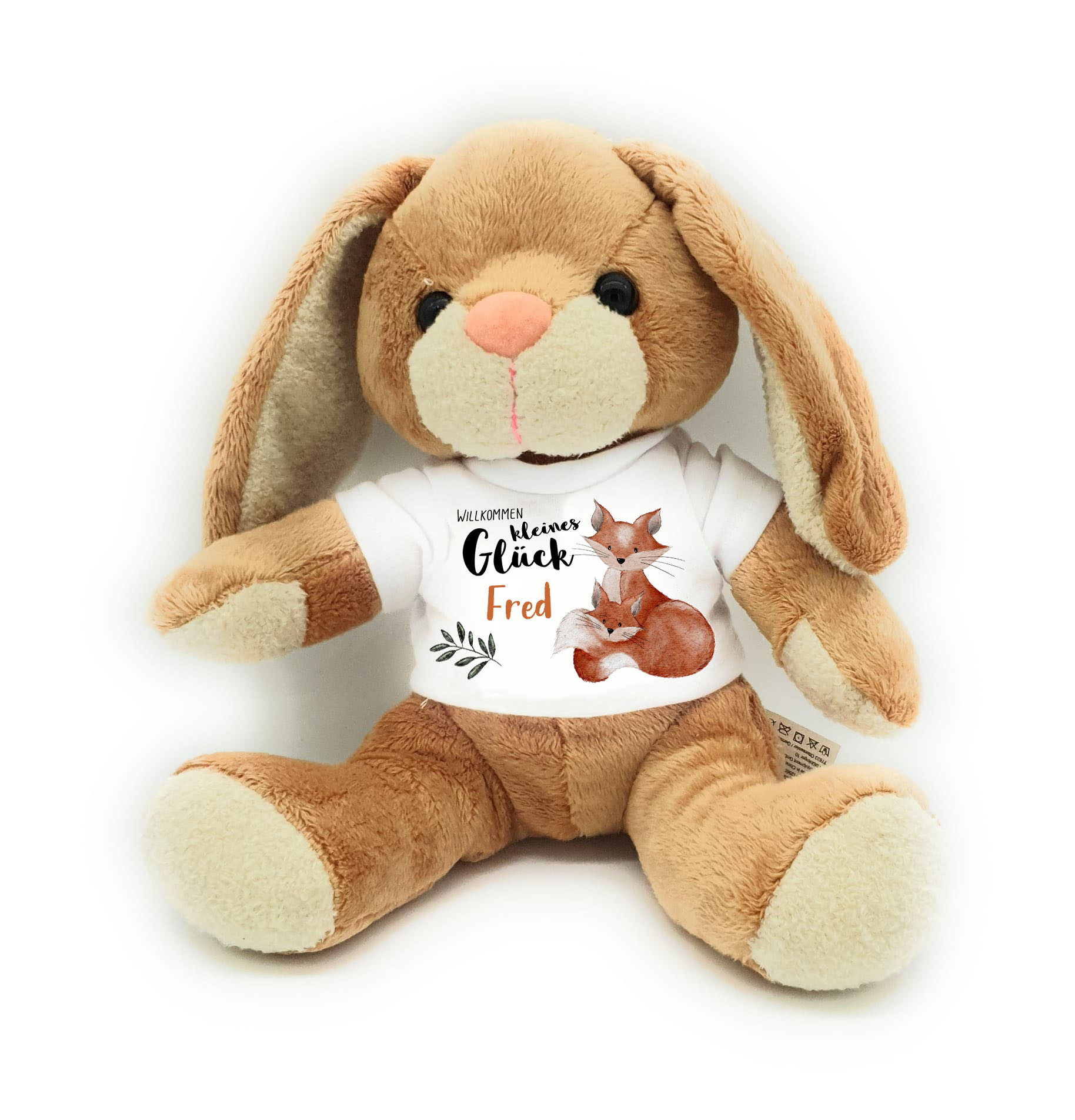 personalisierter Hase Kuscheltier mit Fuchs zur Geburt