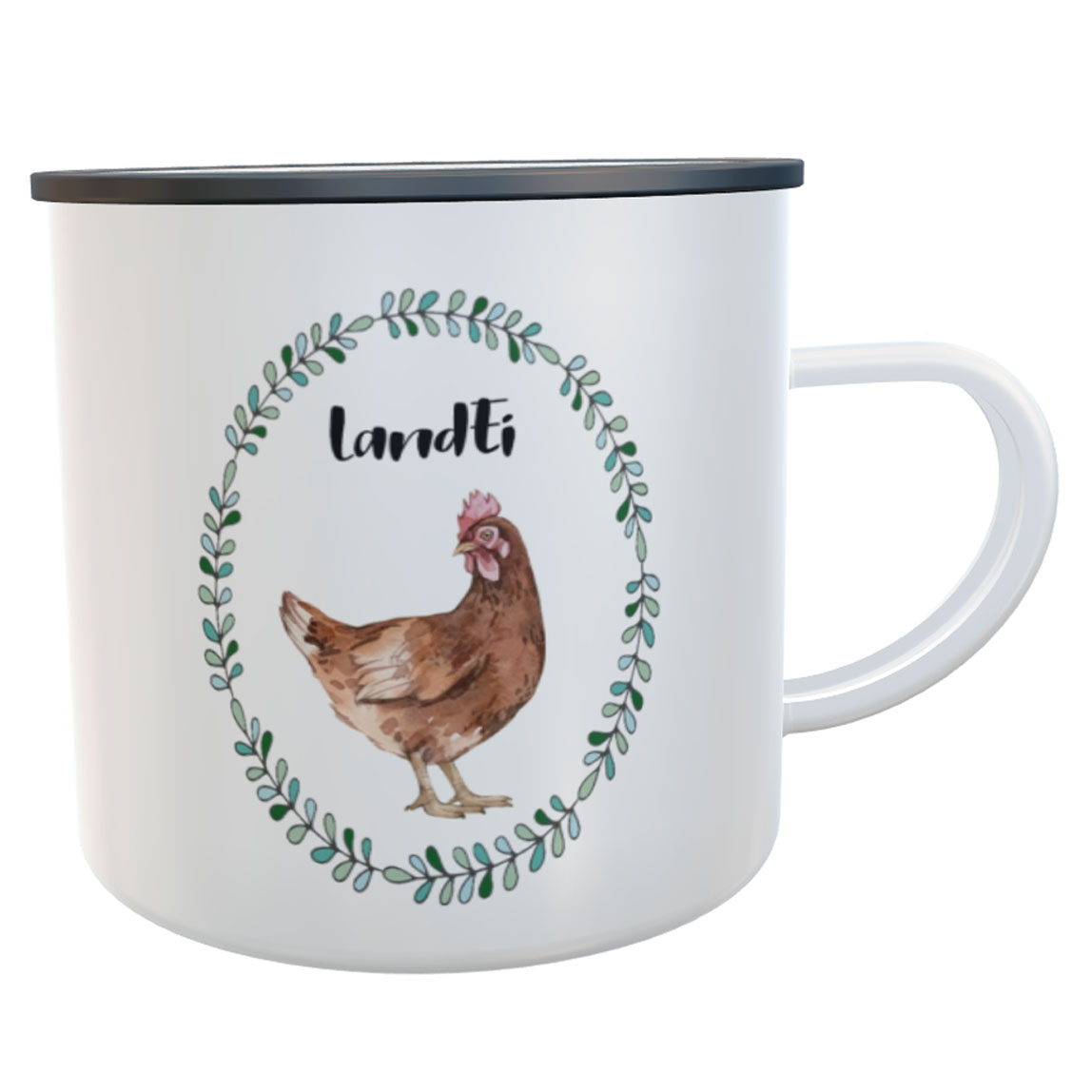 Emaille-Tasse LandEi Hühner Aquarell