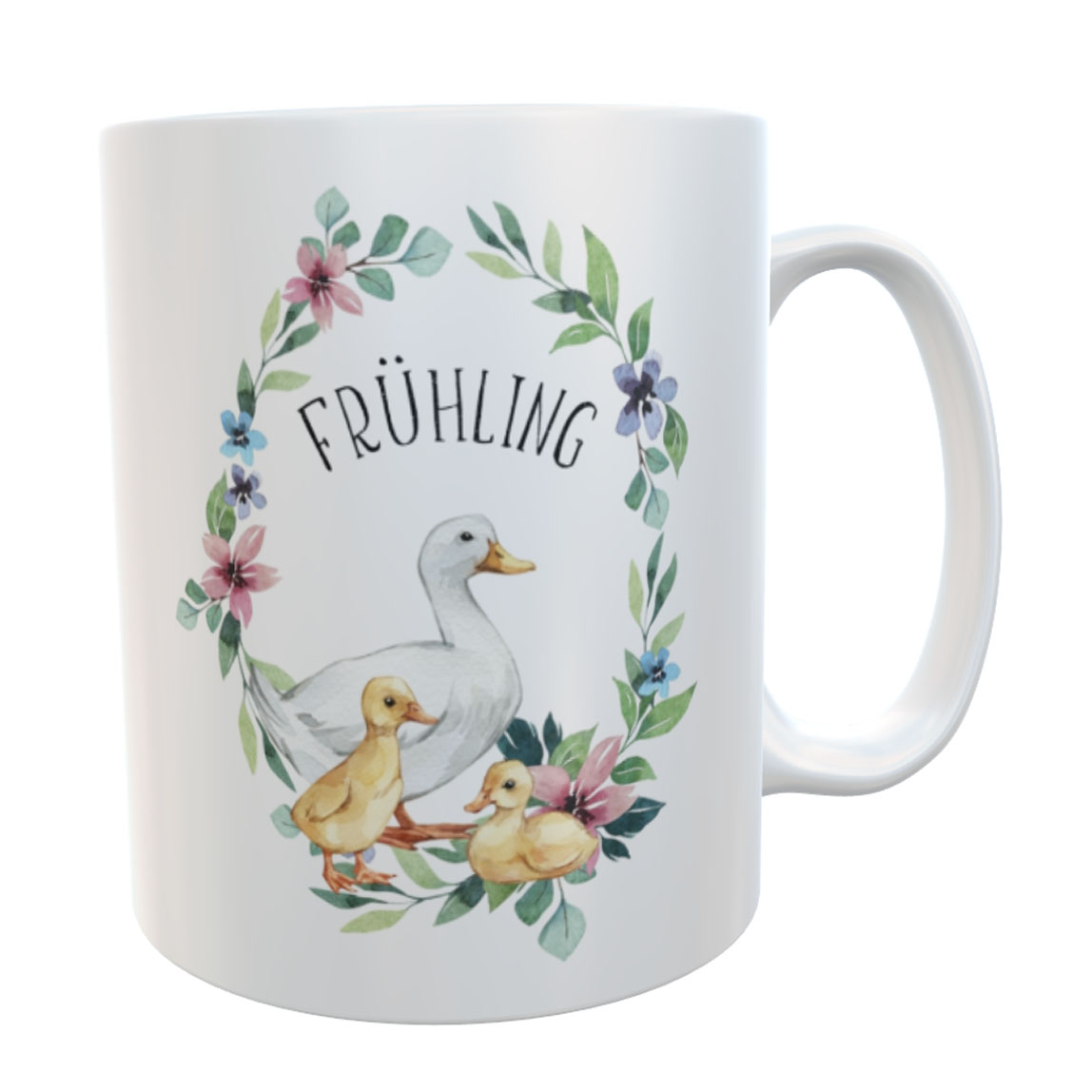 personaliesierte Tasse Ente Frühling mit Blumen