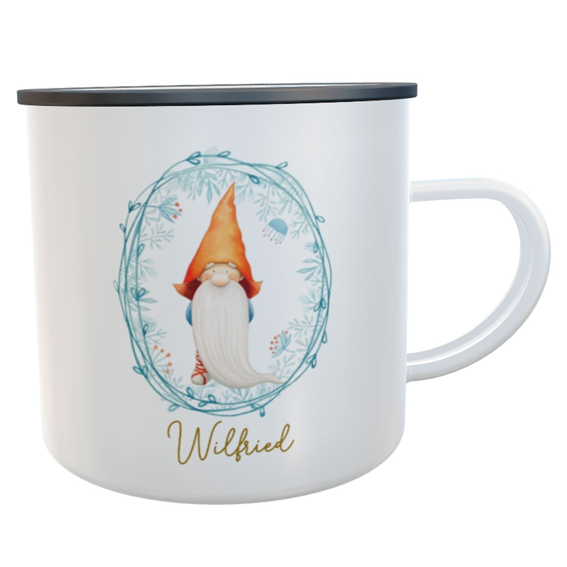 Emaillebecher Tasse Wichtel Weinachtsschlitten mit Name