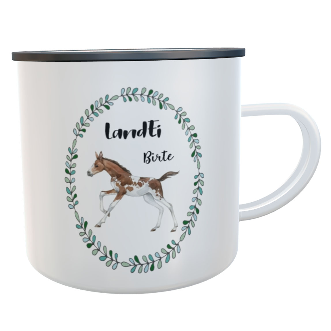 Emaille-Tasse LandEi Pferd und Pony mit Namen