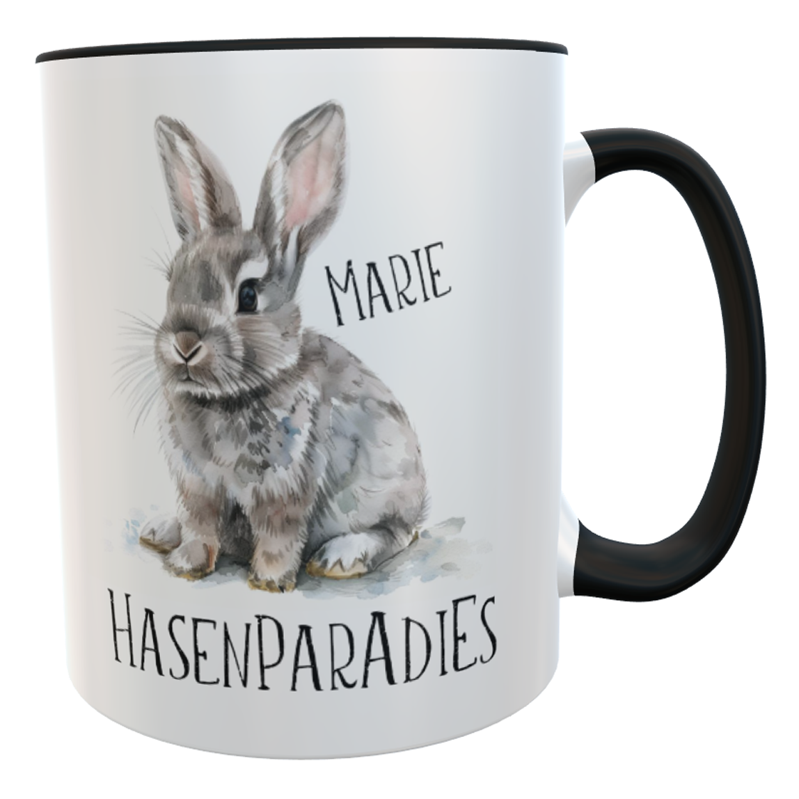 Kaffeetasse Hasenparadies schwarz Aquarell mit Namen