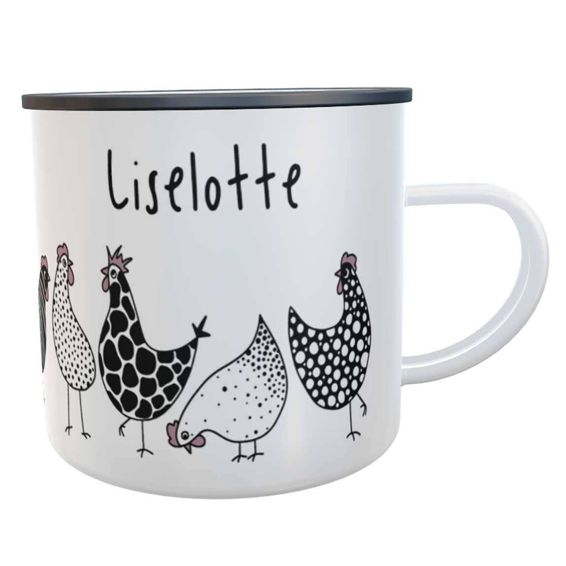 personalisierte Emaille-Tasse Hühner schwarz
