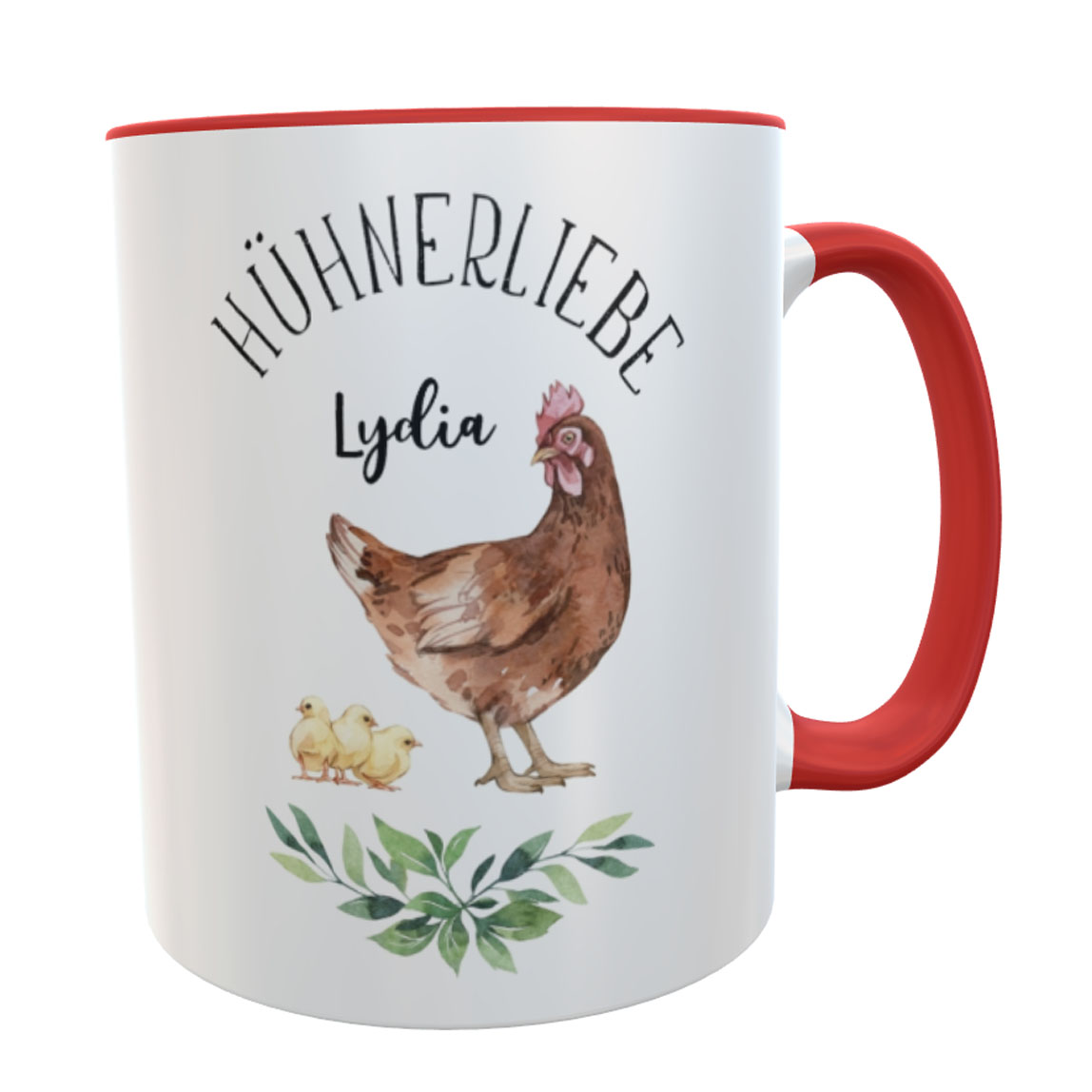 Kaffeetasse Hühnerliebe Aquarell mit Namen rot