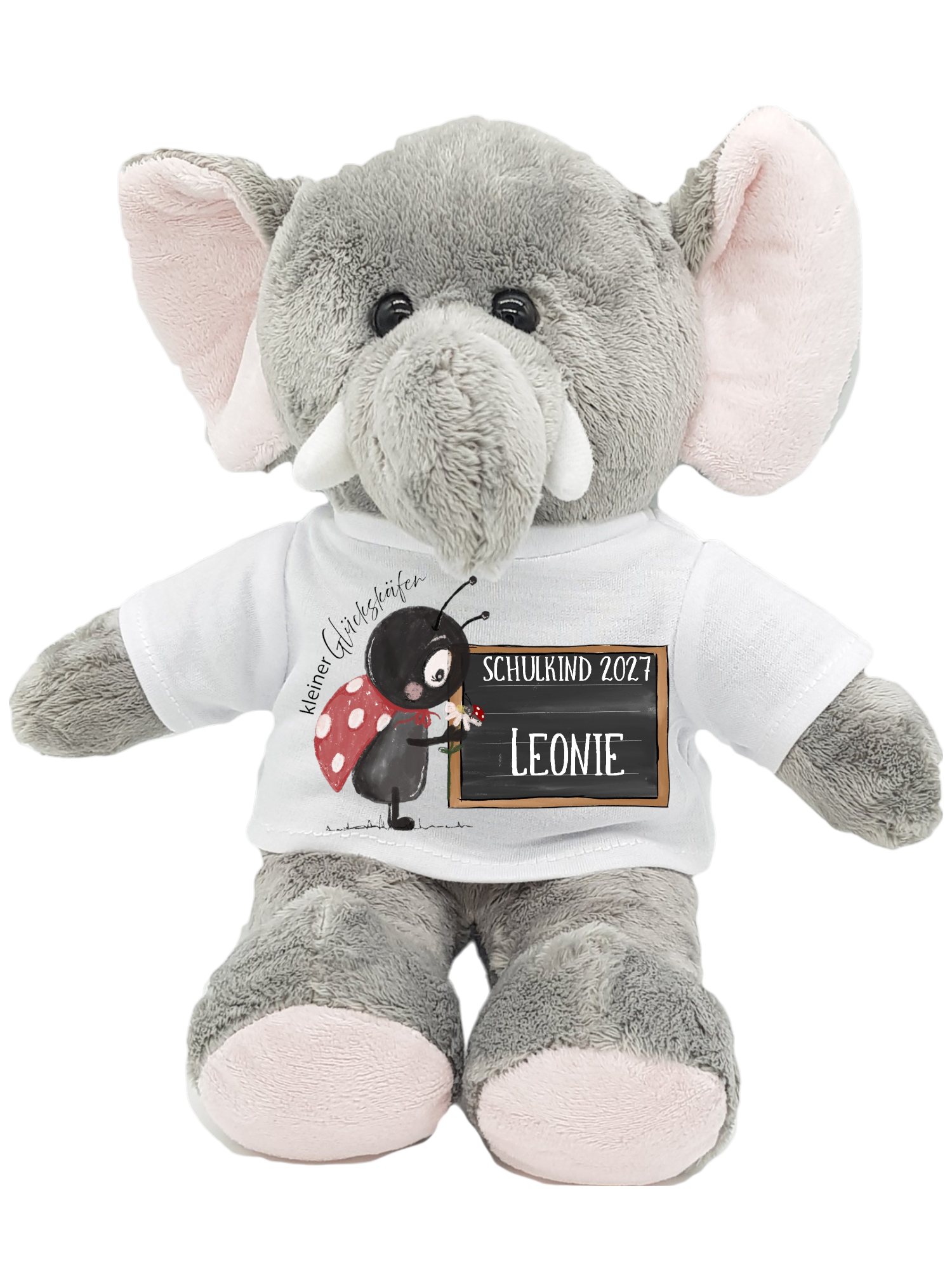 Personalisierter Elefant zur Einschulung – Kuscheltier Motiv Glückskäfer mit Name & Jahr Schulkind 2027