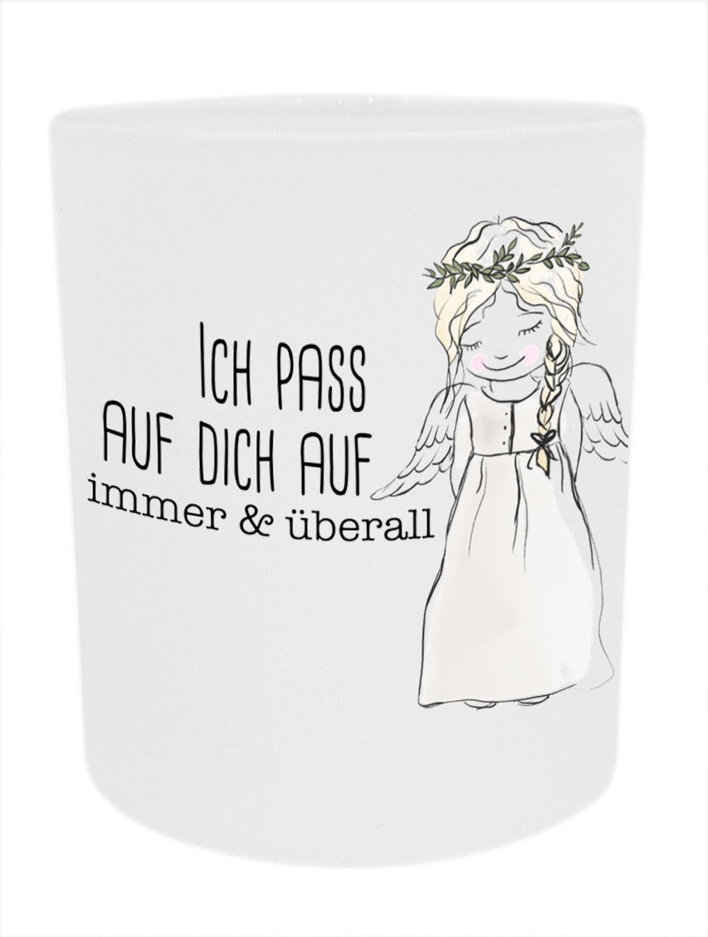 Teelichtglas Schutzengel mit Spruch -Ich pass auf dich auf