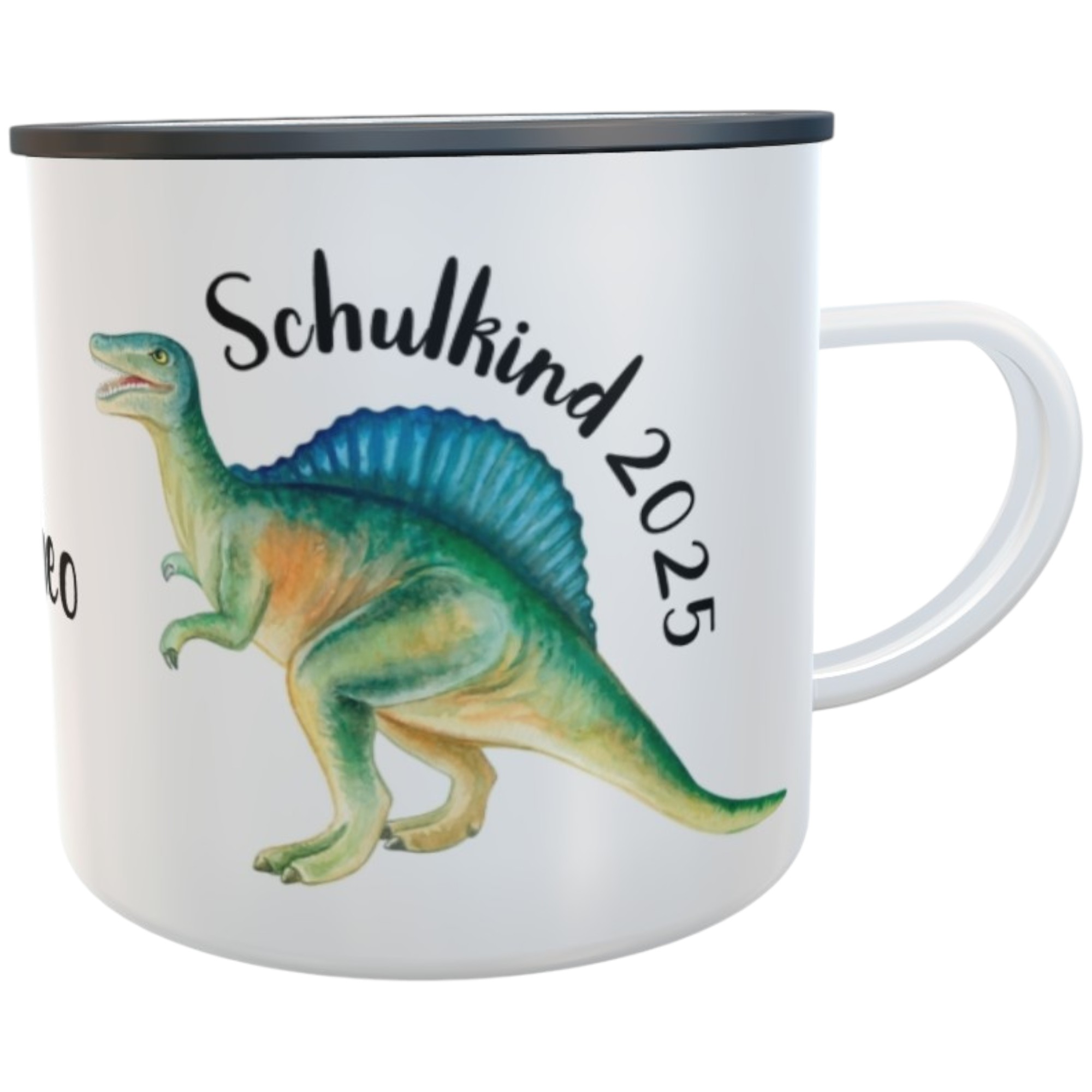 Emaille Tasse T-Tex mit Namen Schulkind 2025 Kindertasse