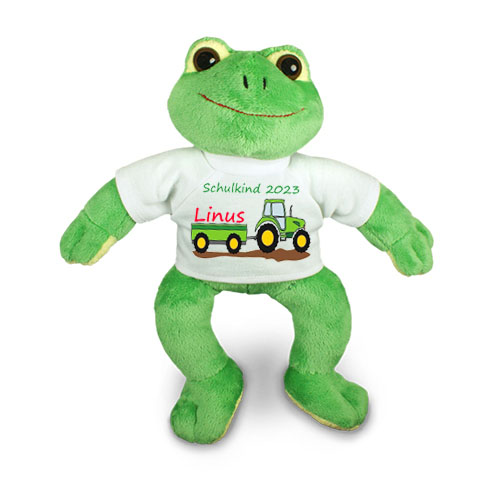 personalisierter Frosch Traktor Kuscheltier für die Zuckertüte