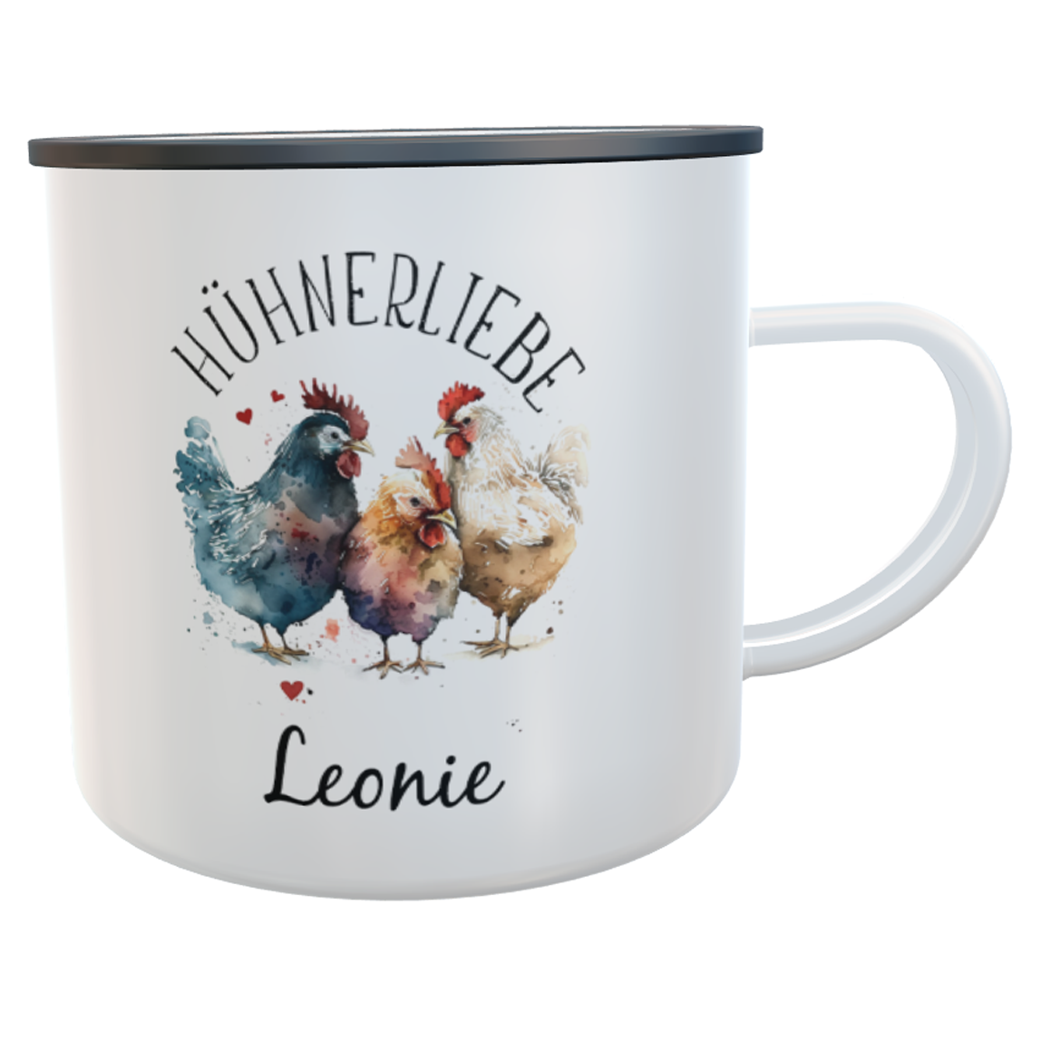 Personalisierte Emaille-Tasse Hühnerliebe mit Aquarell-Hühnern und Namen – 300ml