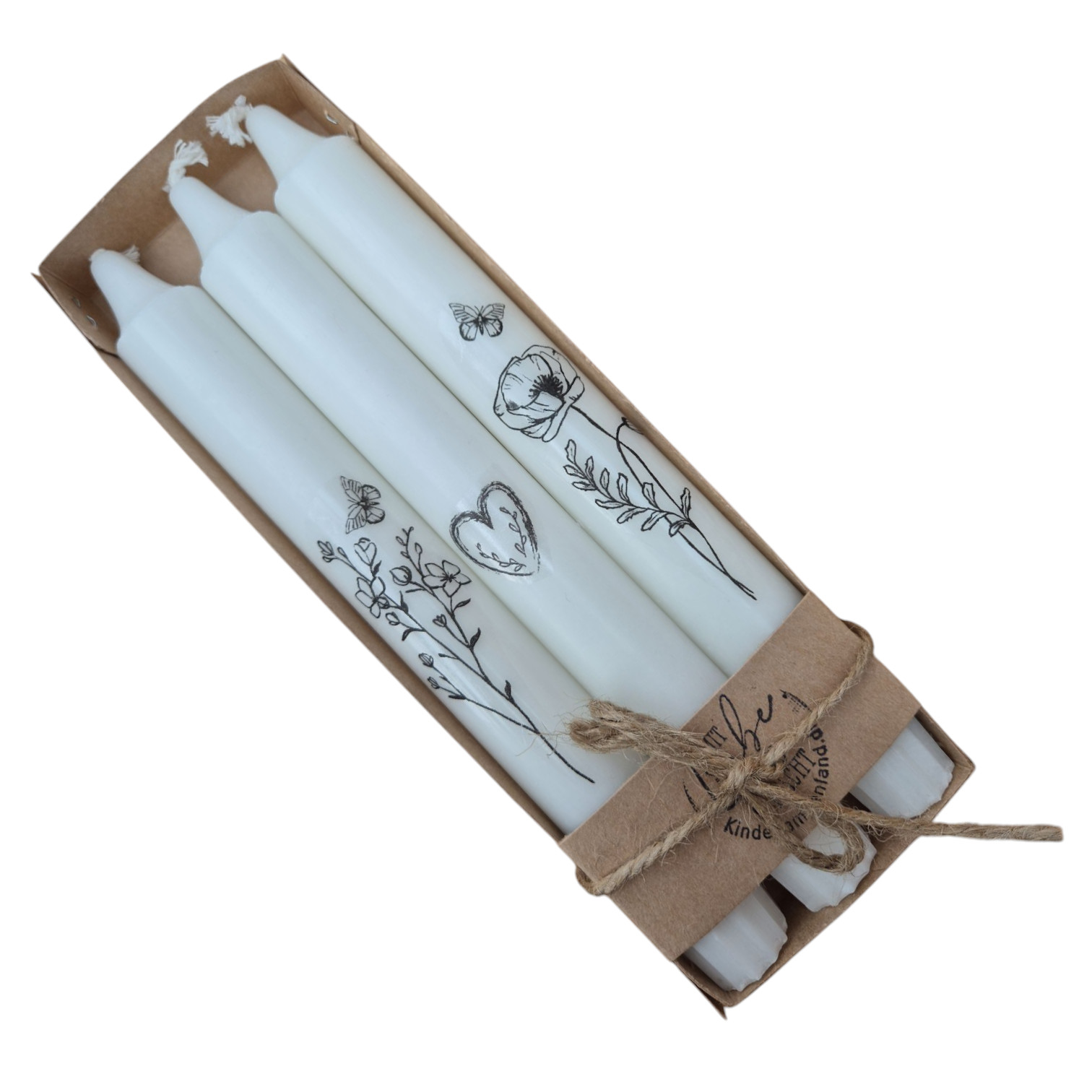 Stabkerzen 3er-Set Florale Designs mit Blumen, Schmetterling & Herz