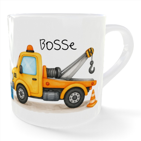 Personalisierte Kindertasse mit Namen – Abschleppwagen Kunststoffbecher 180 ml – leichter robuster Kinderbecher