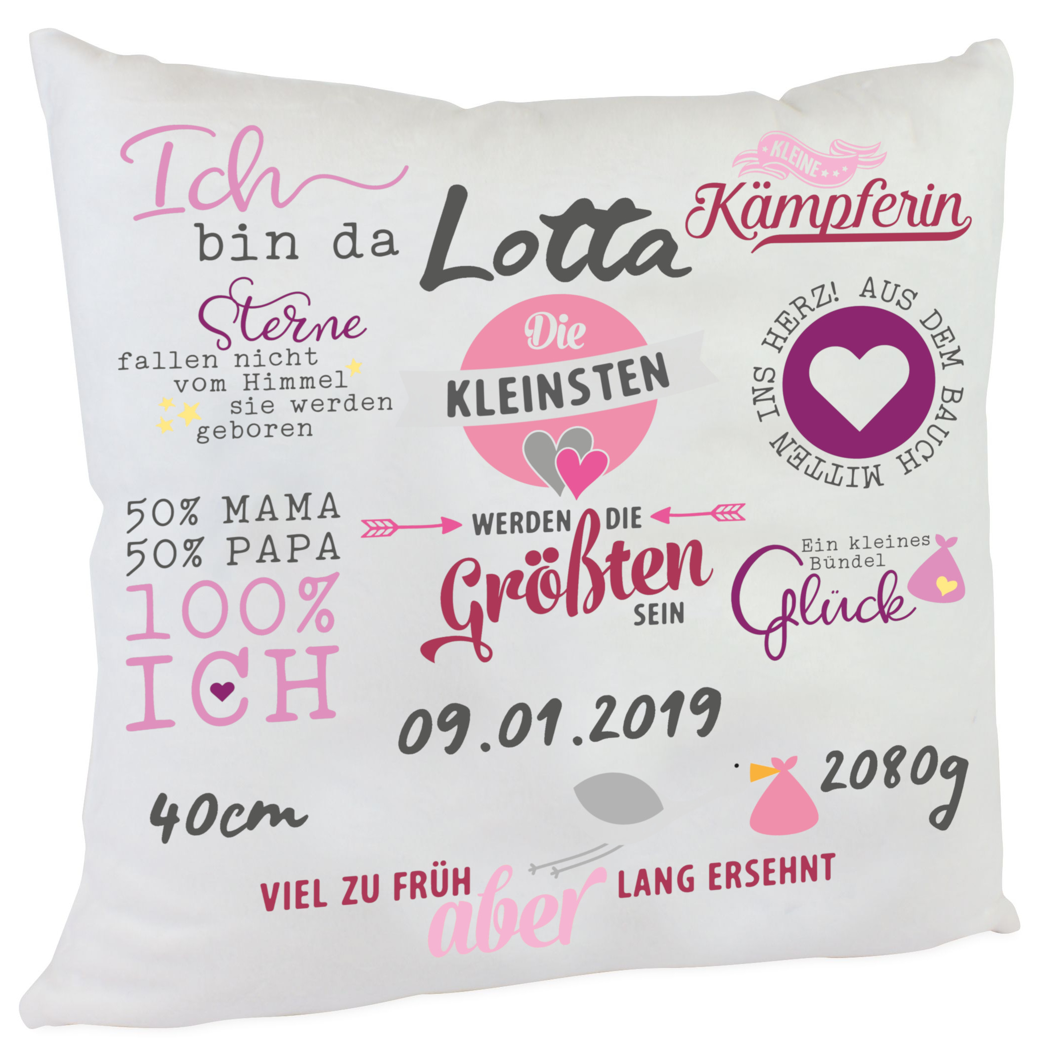 Personalisiertes Namenskissen für Frühchen Spruch zur Geburt oder Taufe Mädchen