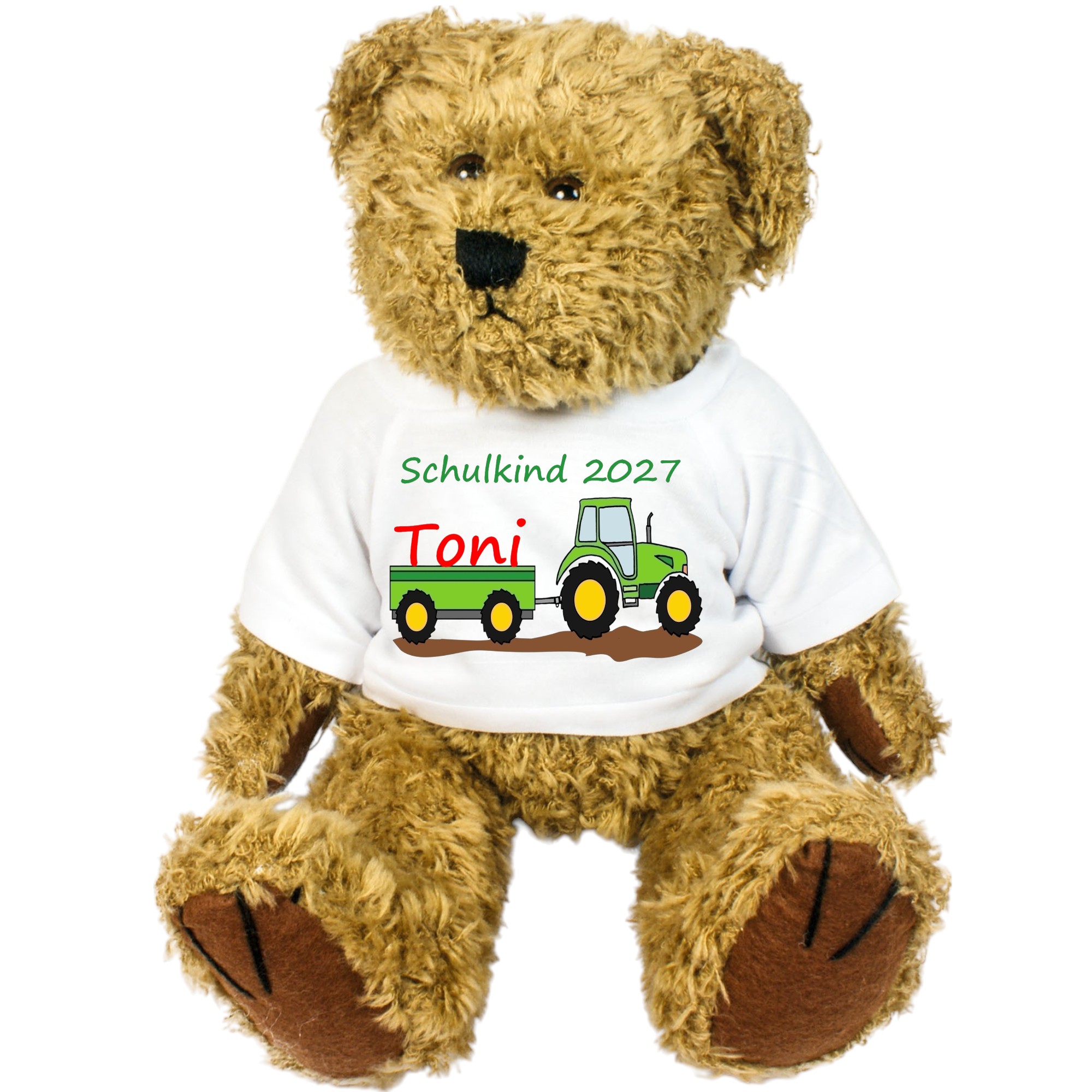 Teddybär Einschulung Traktor mit Anhänger – personalisiert mit Name & Schulkind – Geschenk für Jungen – Zuckertüte Bauernhof