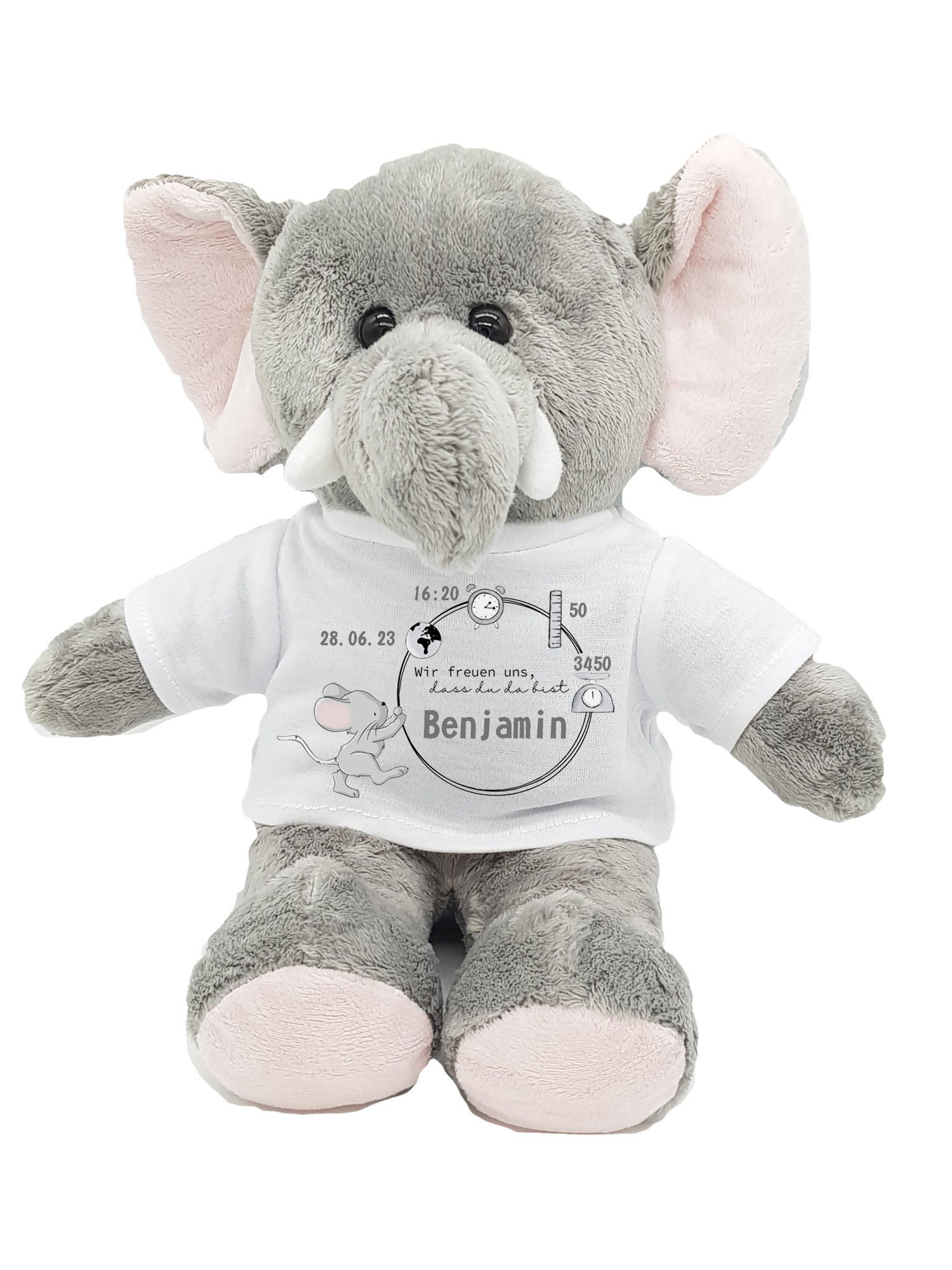 personalisierter Elefant Kuscheltier zur Geburt mit Namen und Geburtsdaten