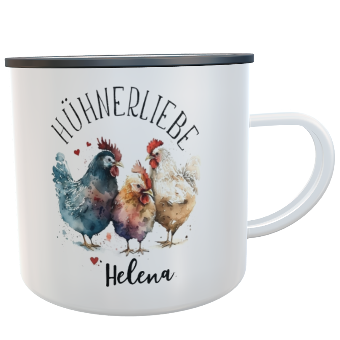 Emaille-Tasse Hühnerliebe mit Namen