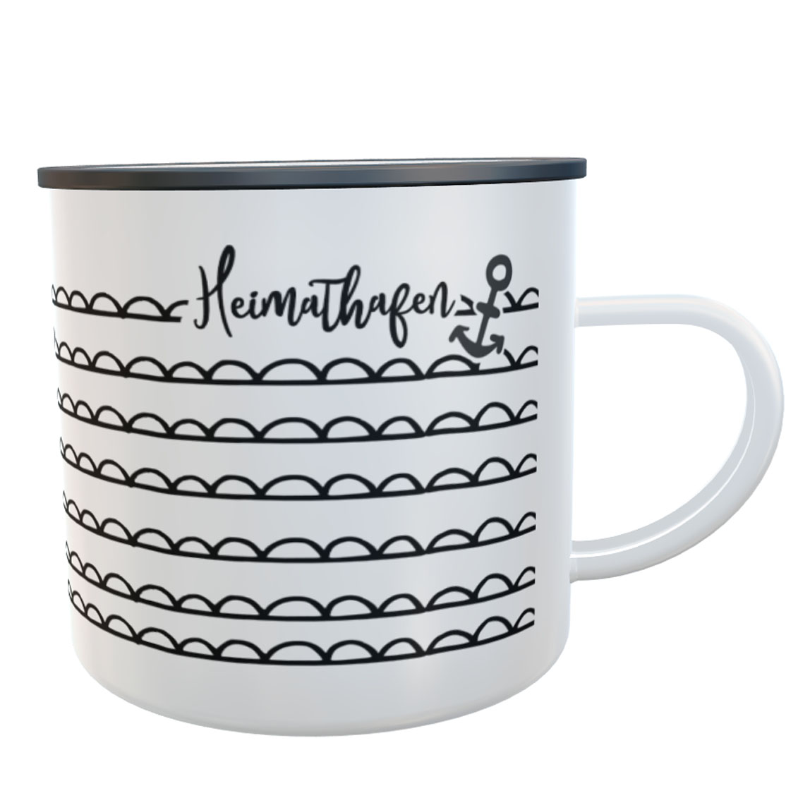 Emaille-Tasse Heimathafen mit Anker schwarz/weiß