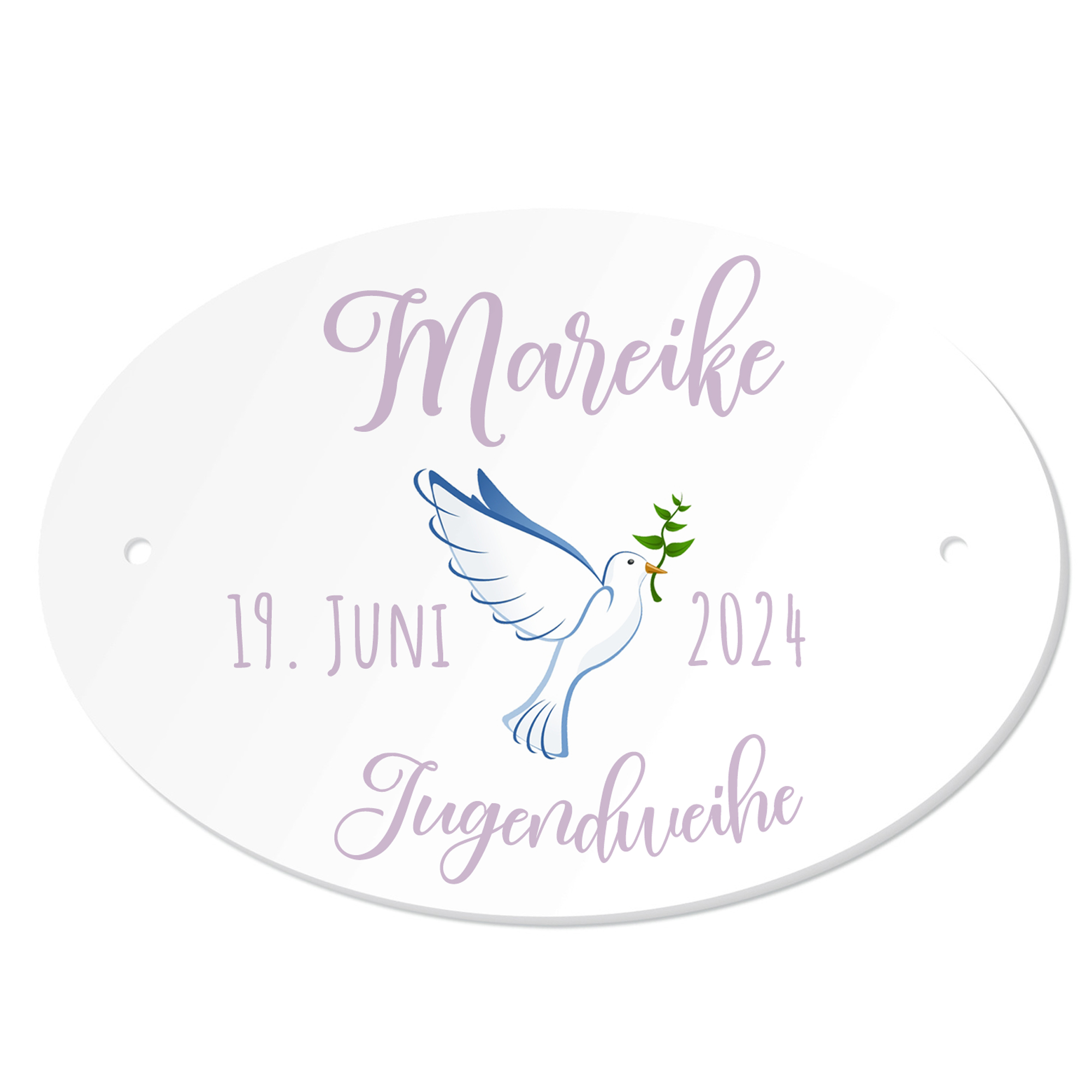 Personalisiertes Namenschild zur Jugendweihe Taube Mädchen
