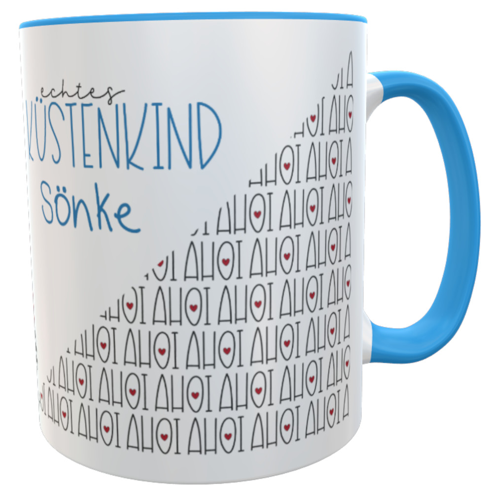 Tasse echtes Küstenkind Leuchtturm mit Namen maritimer Kaffee-Becher inkl. Geschenkverpackung