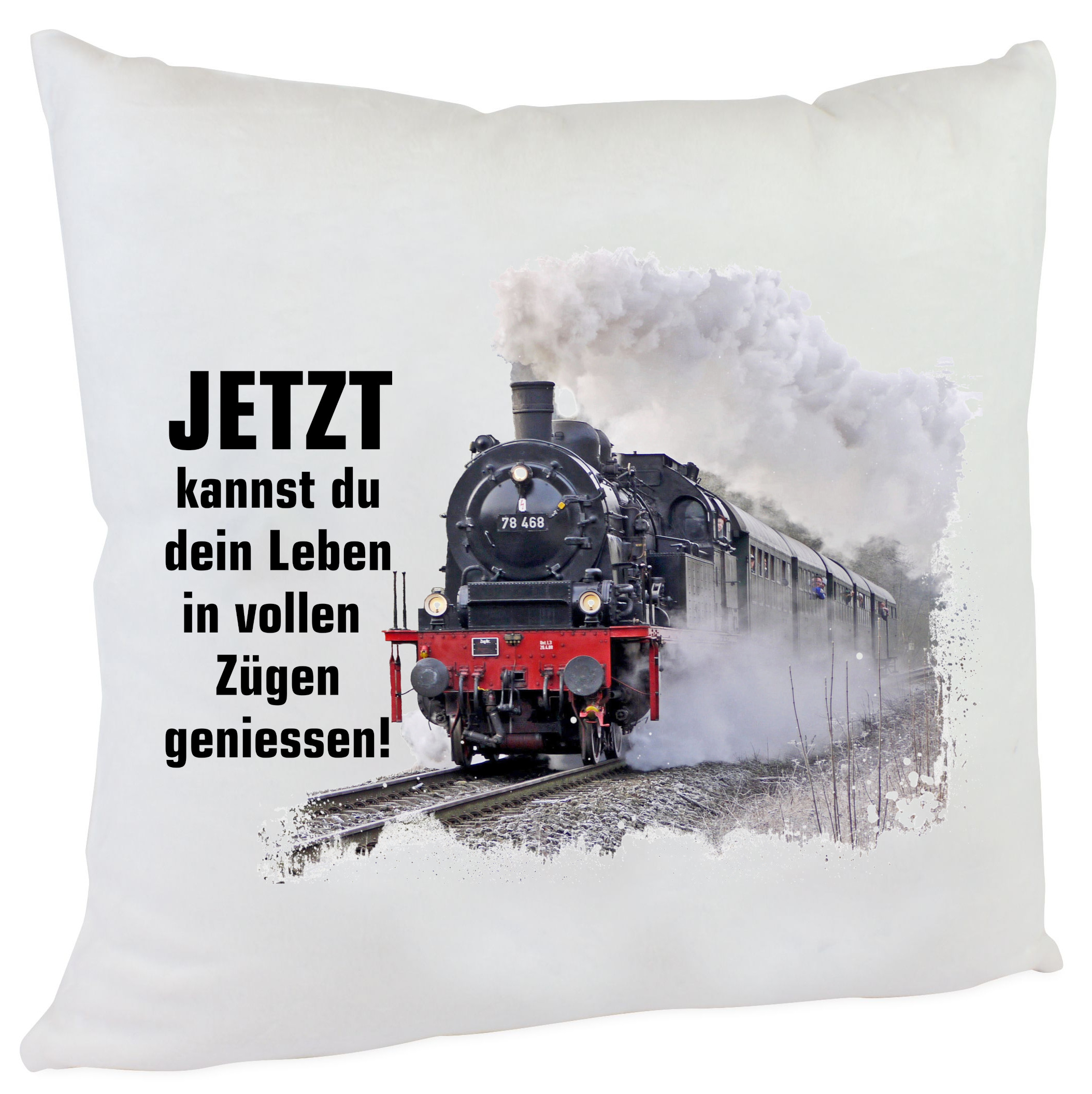 Kissen Ruhestand Leben geniessen Dampflok Abschiedsgeschenk flauschig