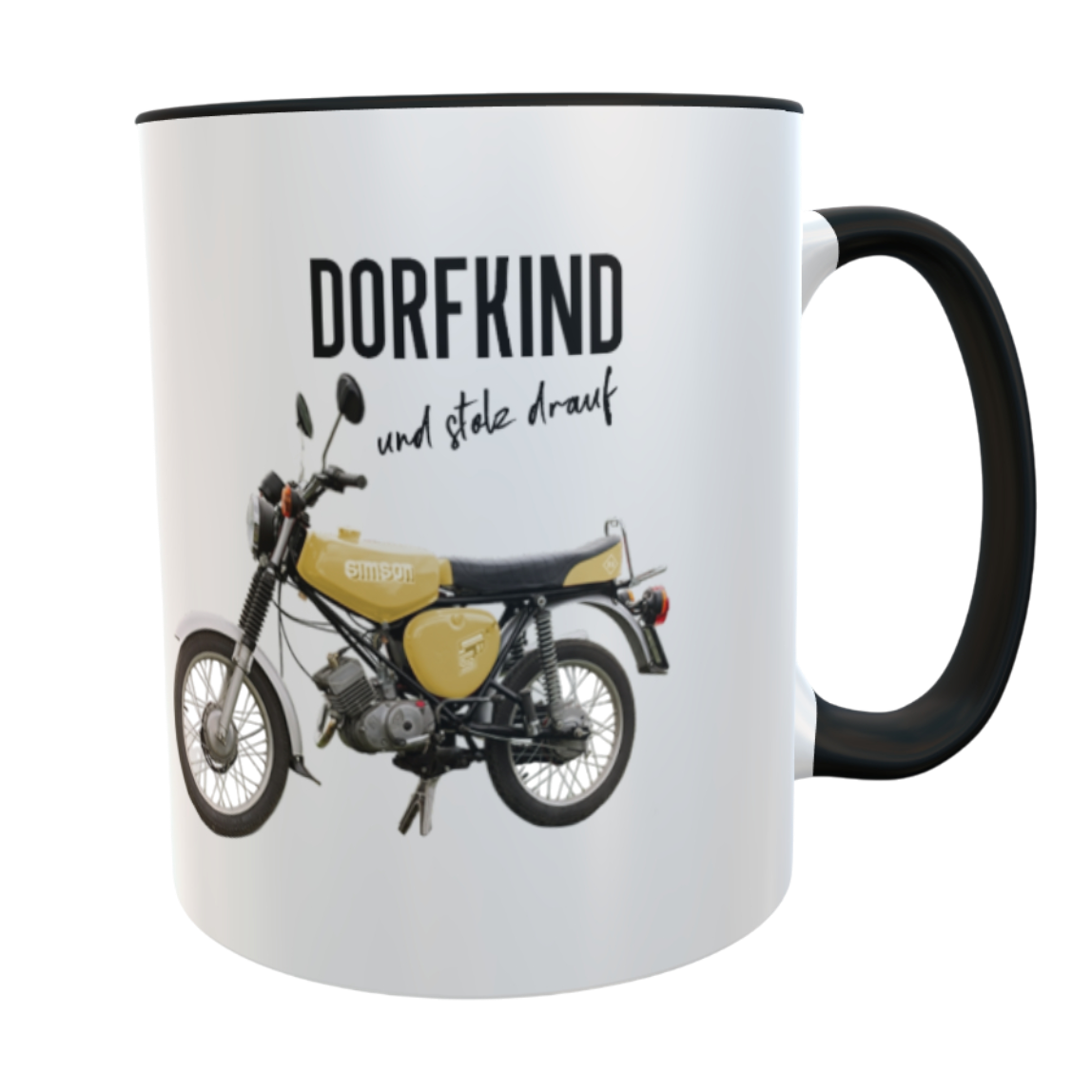 Kaffeetasse „Dorfkind und stolz drauf“ mit Simson-Motiv gelb – Keramiktasse mit schwarzem Henkel