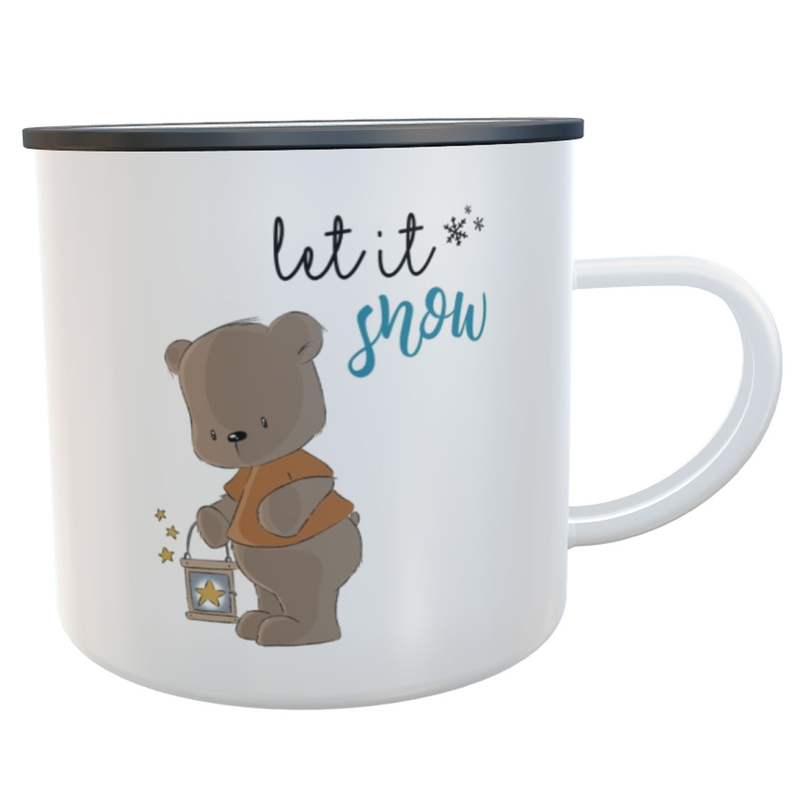 Kinder Emaille Tasse 300ml – personalisierbar mit Name – Weihnachtsbecher Bär Motiv Let it Snow – Kinderbecher für heiße Schokolade, Tee &amp