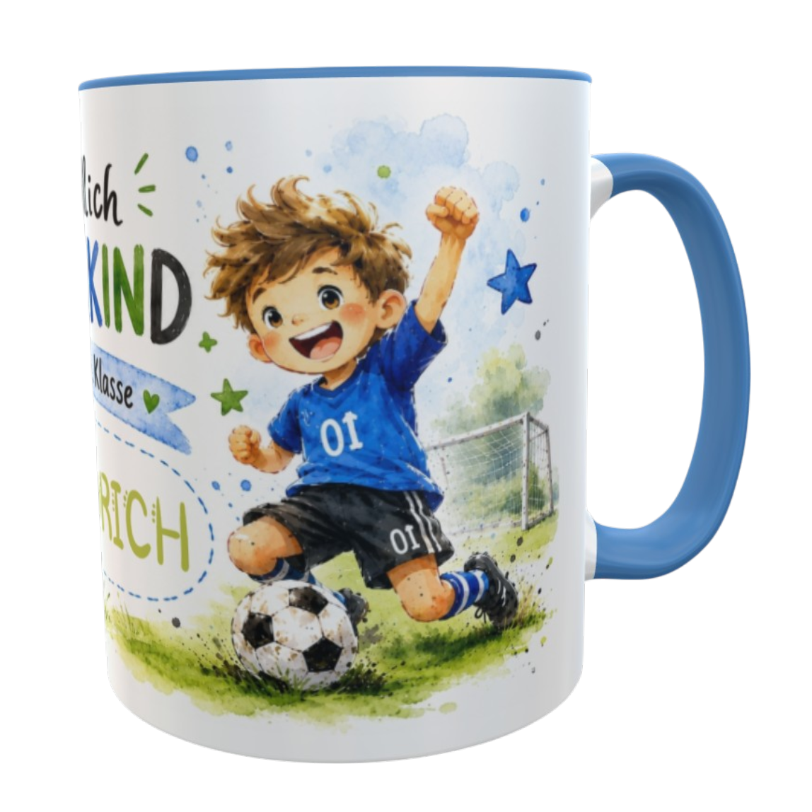 Einschulungstasse blau Fußball – Endlich Schulkind 2026 mit Wunschname 330 ml Keramiktasse für Jungen