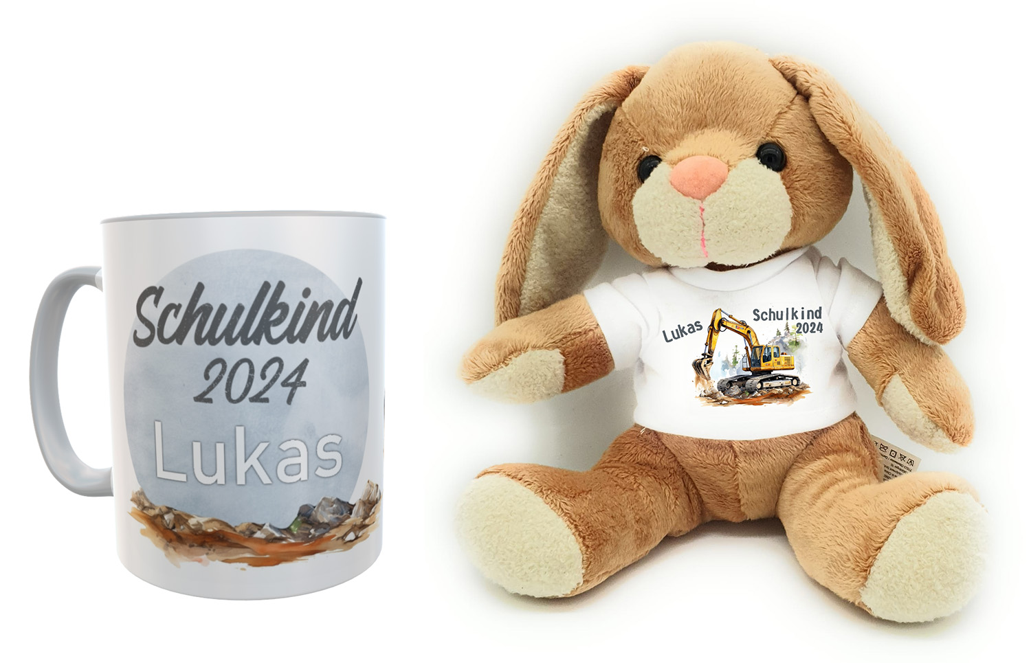 Schulanfangs-Set mit Hase und Tasse im Bagger-Design
