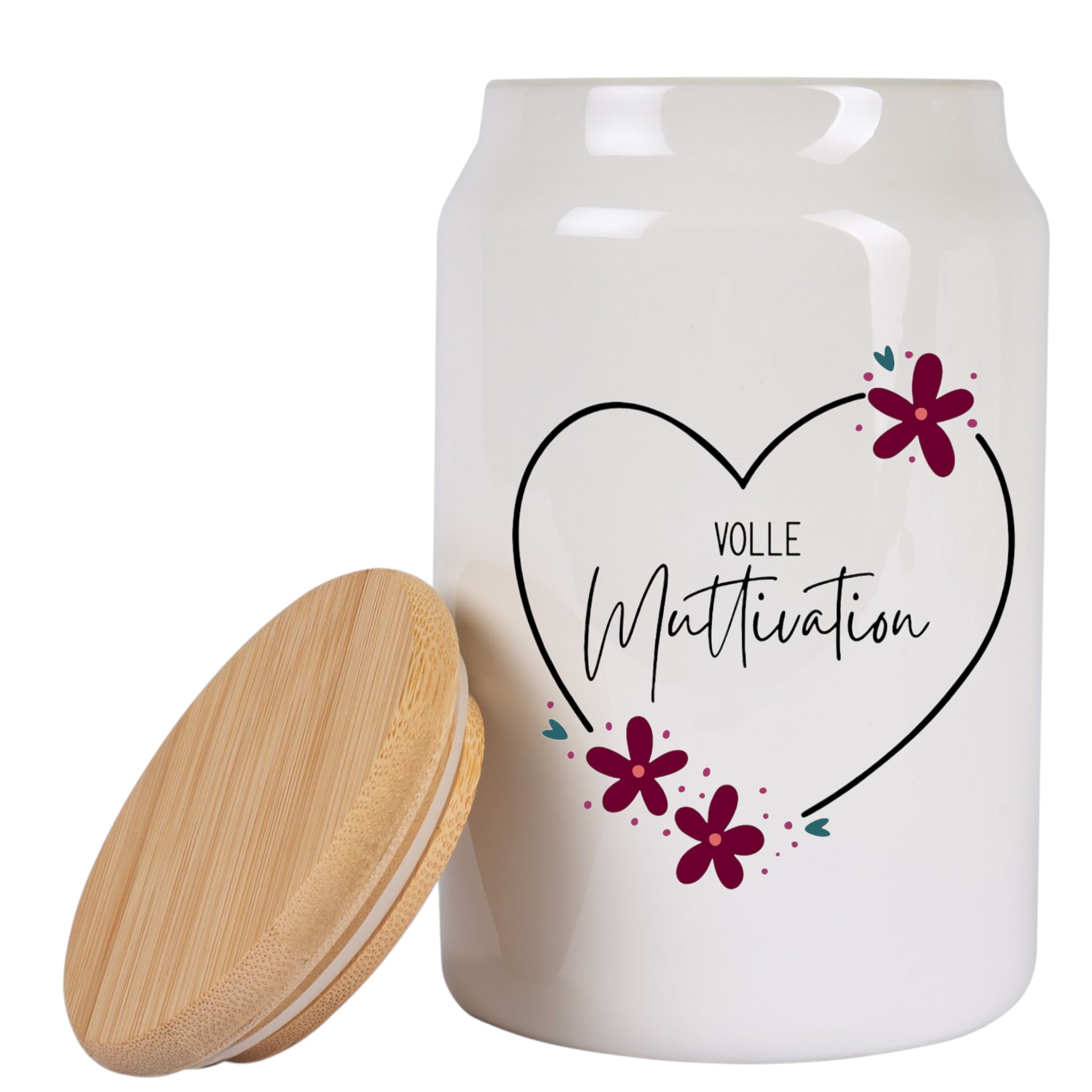 Herz & Humor Keramikdose 650ml – Geschenk mit Bambusdeckel & Aufdruck „Volle Muttivation“ – Süßigkeitendose für Kollegen & Koll