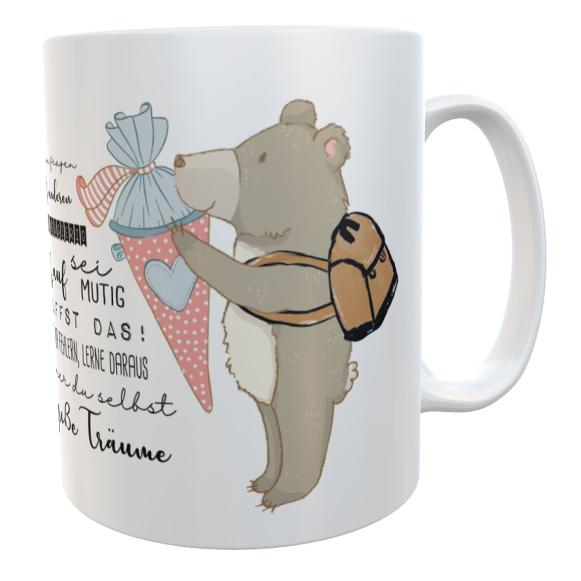 Tasse Schulkind Bär 2026 mit Mutmachsprüchen zur Einschulung Mädchen