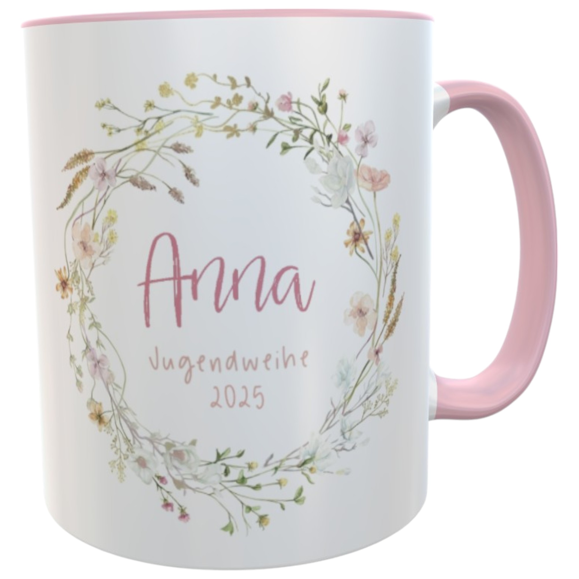 Personalisierte Rosa Jugendweihe-Tasse mit Wildblumenkranz