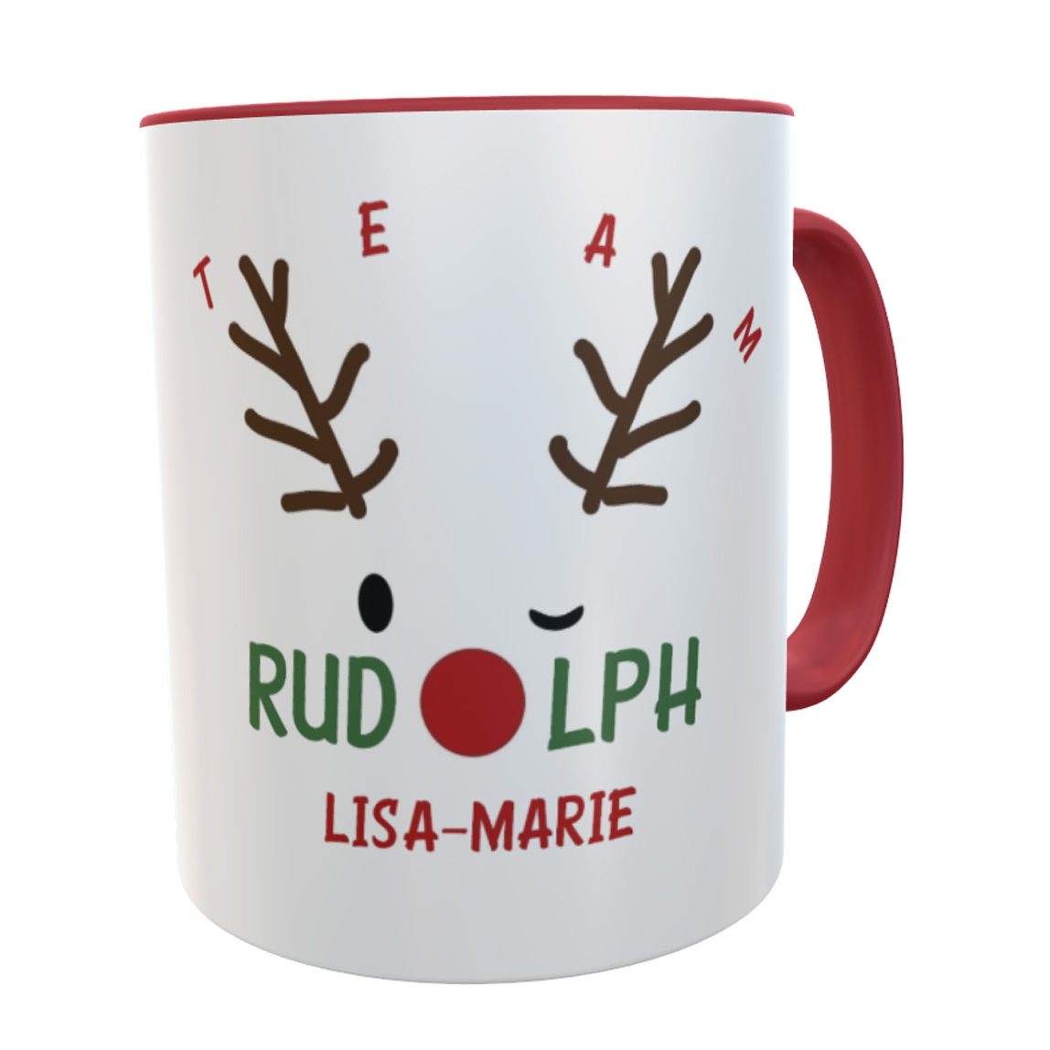 Personalisierte Weihnachts-Tasse Team Rudolph – Glühweintasse mit Namen – Rentier-Motiv, spülmaschinenfest, Geschenk für Weihnachten